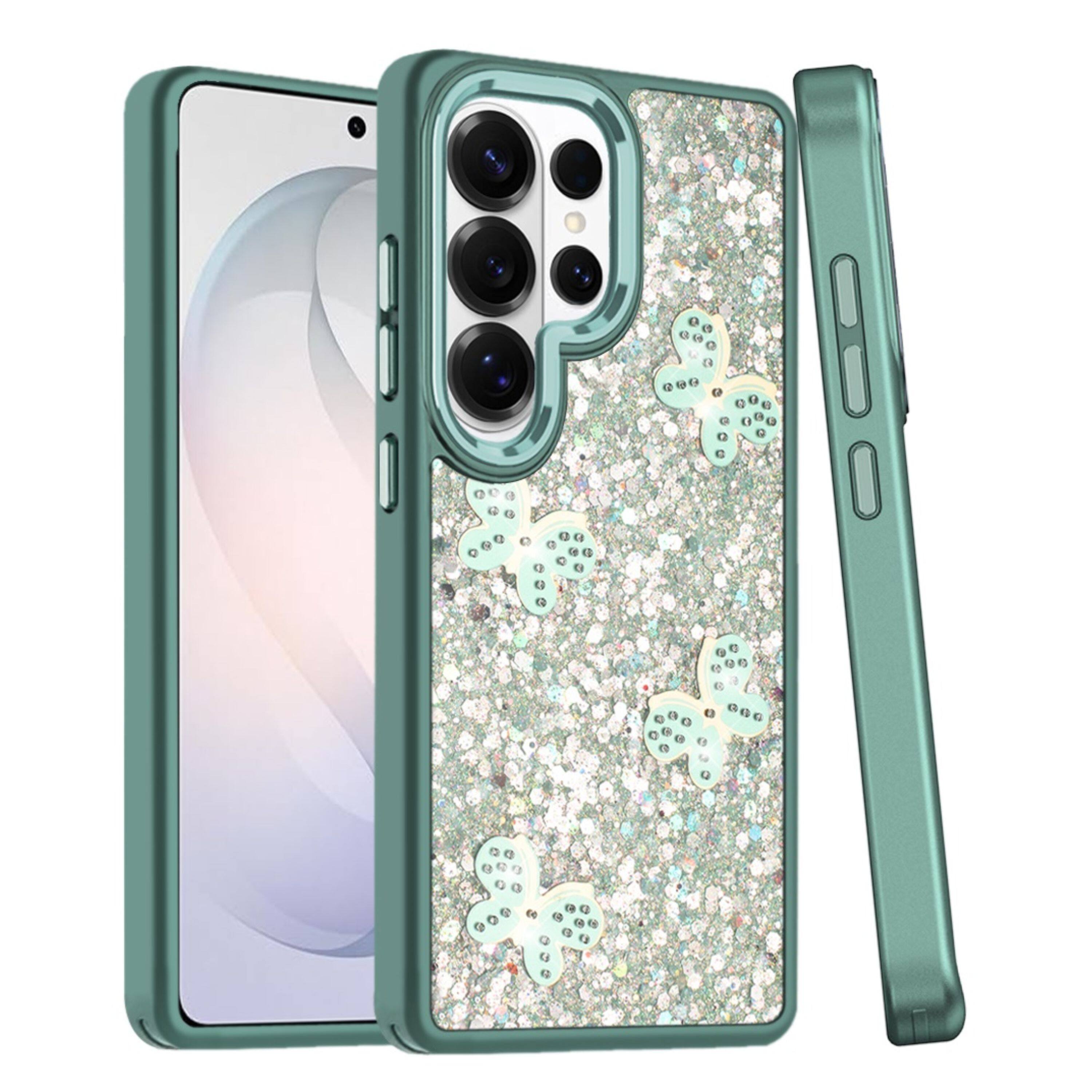 Angle. Kitcheniva - Full Glitter Flakes & Butterflies Design Phone Case With Tempered Glass For Samsung S26 Ultra Teal - Teal.