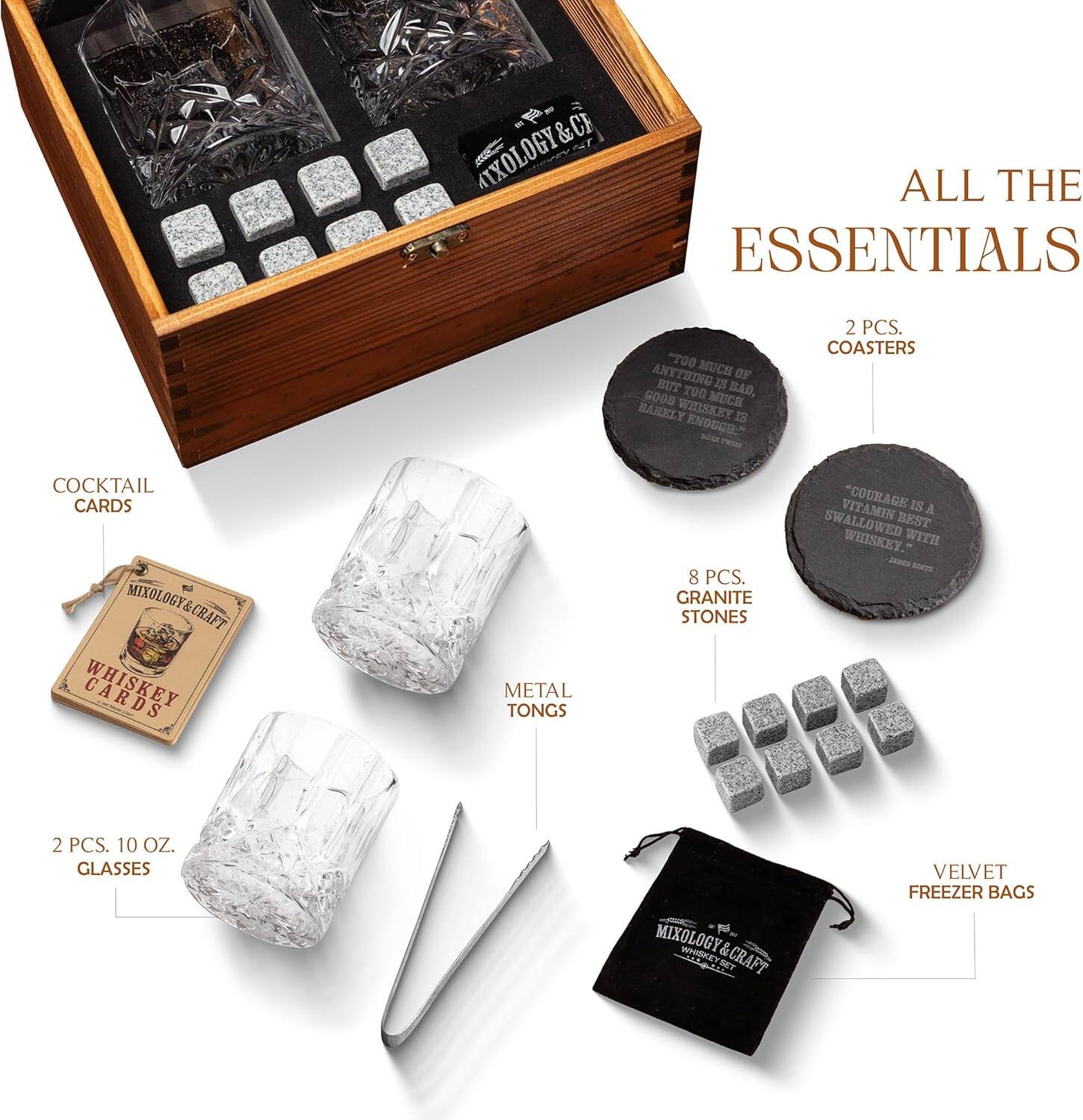 - Mixology & Craft
- All the Essentials
- Too much of anything is bad, good whiskey is barely enough.
- 2 PCS. Coasters
- 8 PCS. Granite Stones
- 2 PCS. 10 OZ. Glasses
- Cocktail Cards
- Metal Tongs
- Velvet Freezer Bags
- Courage is a swallowed best whiskey.