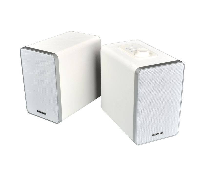 Angle. Microlab - H21 Wireless Bookshelf Speaker System w/ Versatile Connectivity & Real Wooden & Leather Finishing Cabinets - White.