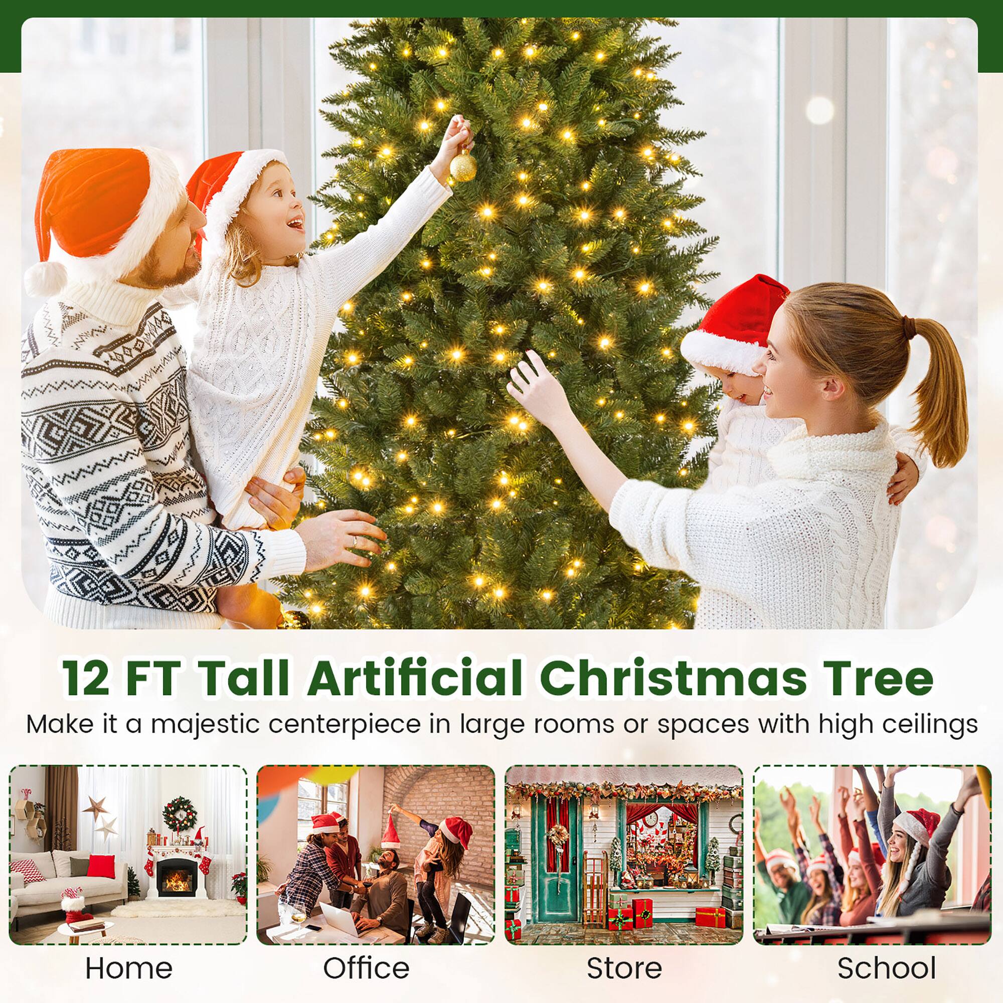 12 FT Tall Artificial Christmas Tree  
Make it a majestic centerpiece in large rooms or spaces with high ceilings  

Home  
Office  
Store  
School