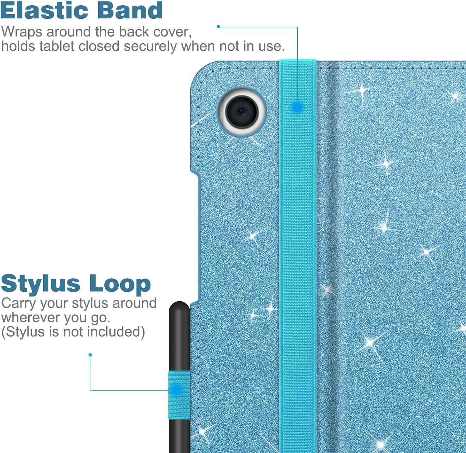 Elastic Band Wraps around the back cover, holds tablet closed securely when not in use.

Stylus Loop Carry your stylus around wherever you go. (Stylus is not included)