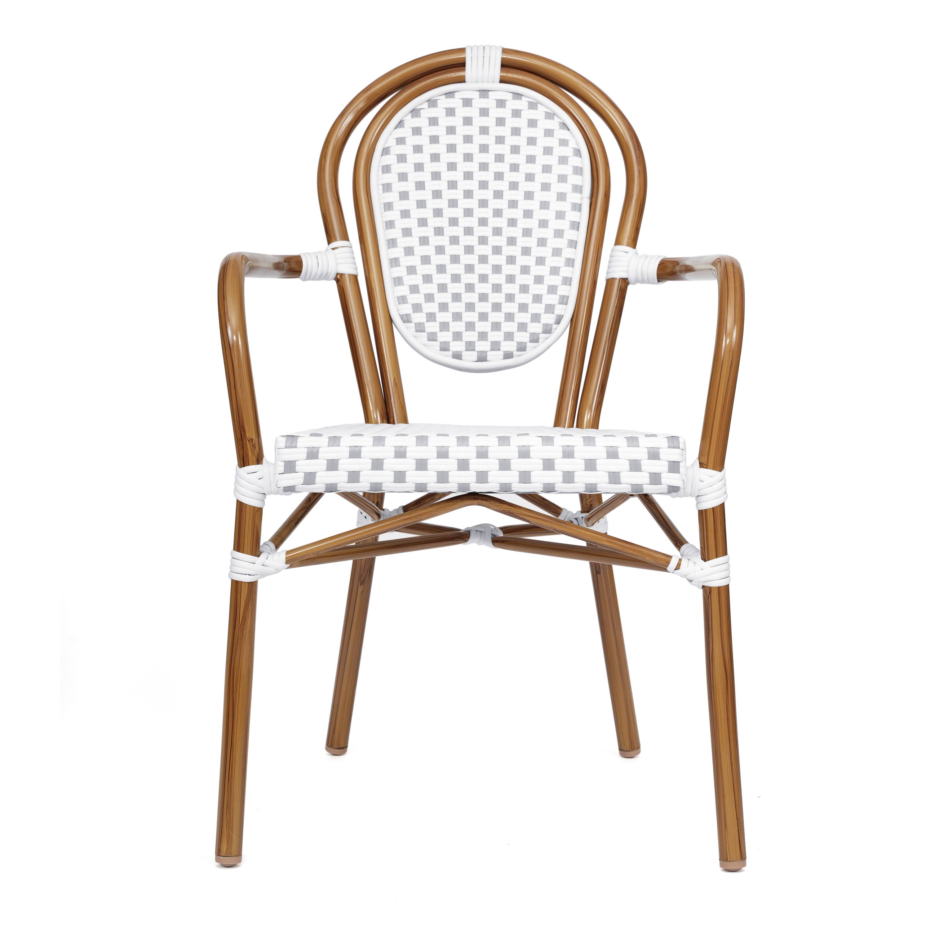 Alt View 9. Emma + Oliver - Colmar Set of Two Indoor/Outdoor Stacking Thonet Bistro Style Chairs with Arms, PE Rattan Seat and Metal Frame - White & Gray/Natural Frame.