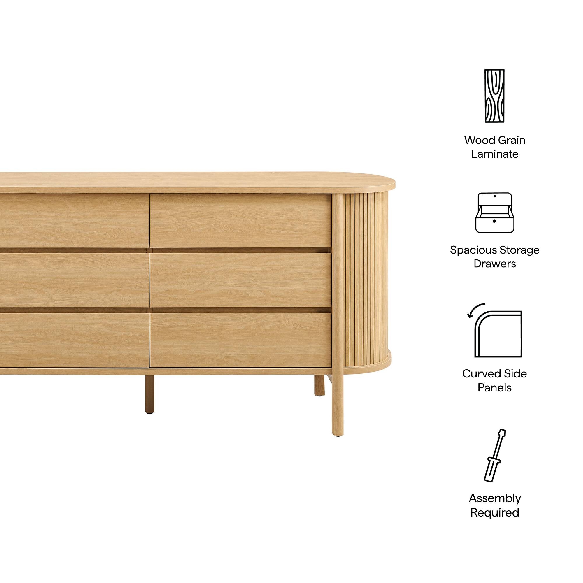 Wood Grain Laminate  
Spacious Storage Drawers  
Curved Side Panels  
Assembly Required
