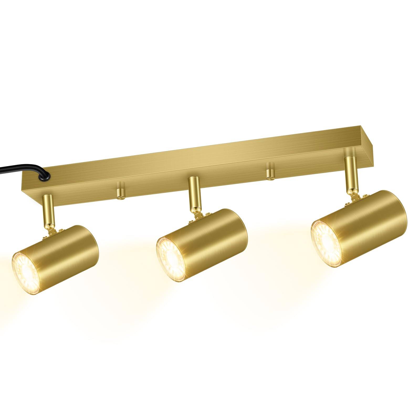 Front. Dazzed Corner - 3-Light Track Lighting Kit, Plug-in Ceiling Spotlight with Rocker Switch - Gold.