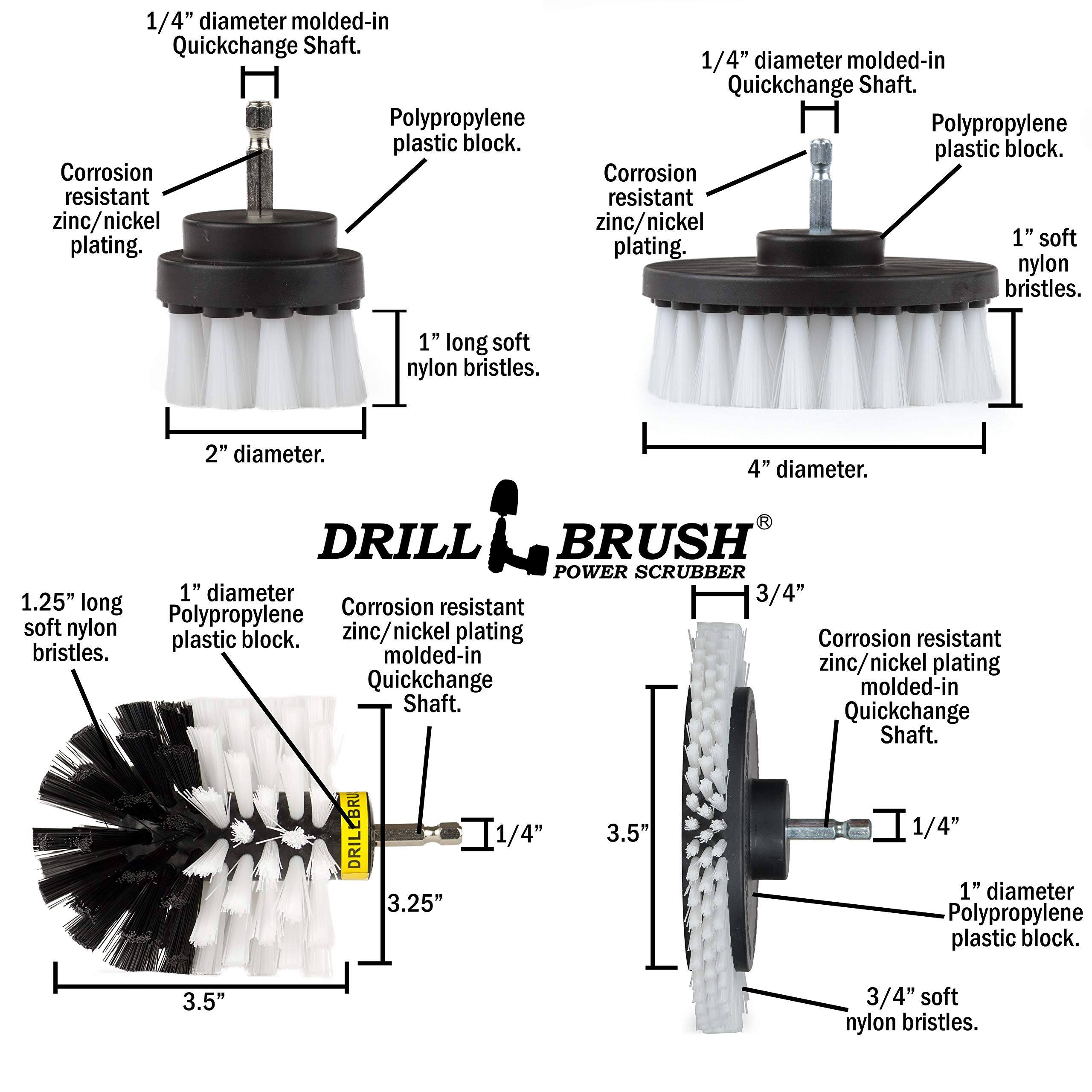 1/4" diameter molded-in Quickchange Shaft. 1/4" diameter molded-in Quickchange Shaft. Polypropylene plastic block. Polypropylene plastic block. Corrosion resistant zinc/nickel plating. Corrosion resistant zinc/nickel plating. 1" soft nylon bristles. 1" long soft nylon bristles. 2" diameter. 4" diameter. DRILL BRUSH POWER SCRUBBER 1" diameter 3/4" 1.25" long Corrosion resistant Polypropylene soft nylon zinc/nickel plating plastic block. Corrosion resistant bristles. molded-in zinc/nickel plating Quickchange Shaft. Quickchange Shaft. DRILLBRU 3.25" 1/4" 3.5" 1/4" 1" diameter Polypropylene plastic block. 3.5" 3/4" soft nylon bristles.