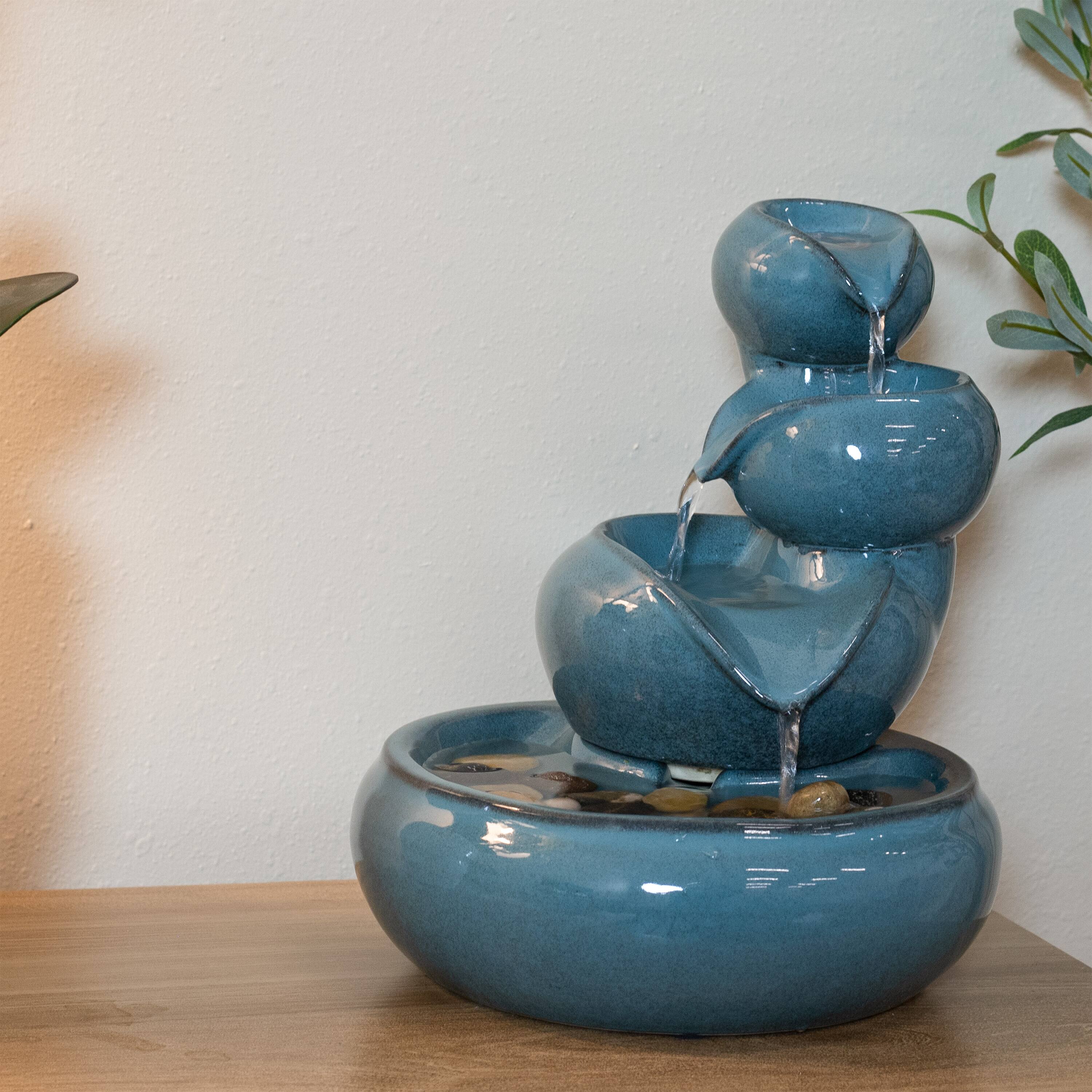 Alt View 7. Sunnydaze - Tiered Vessels Ceramic Indoor Water Fountain - 10 in - Teal.