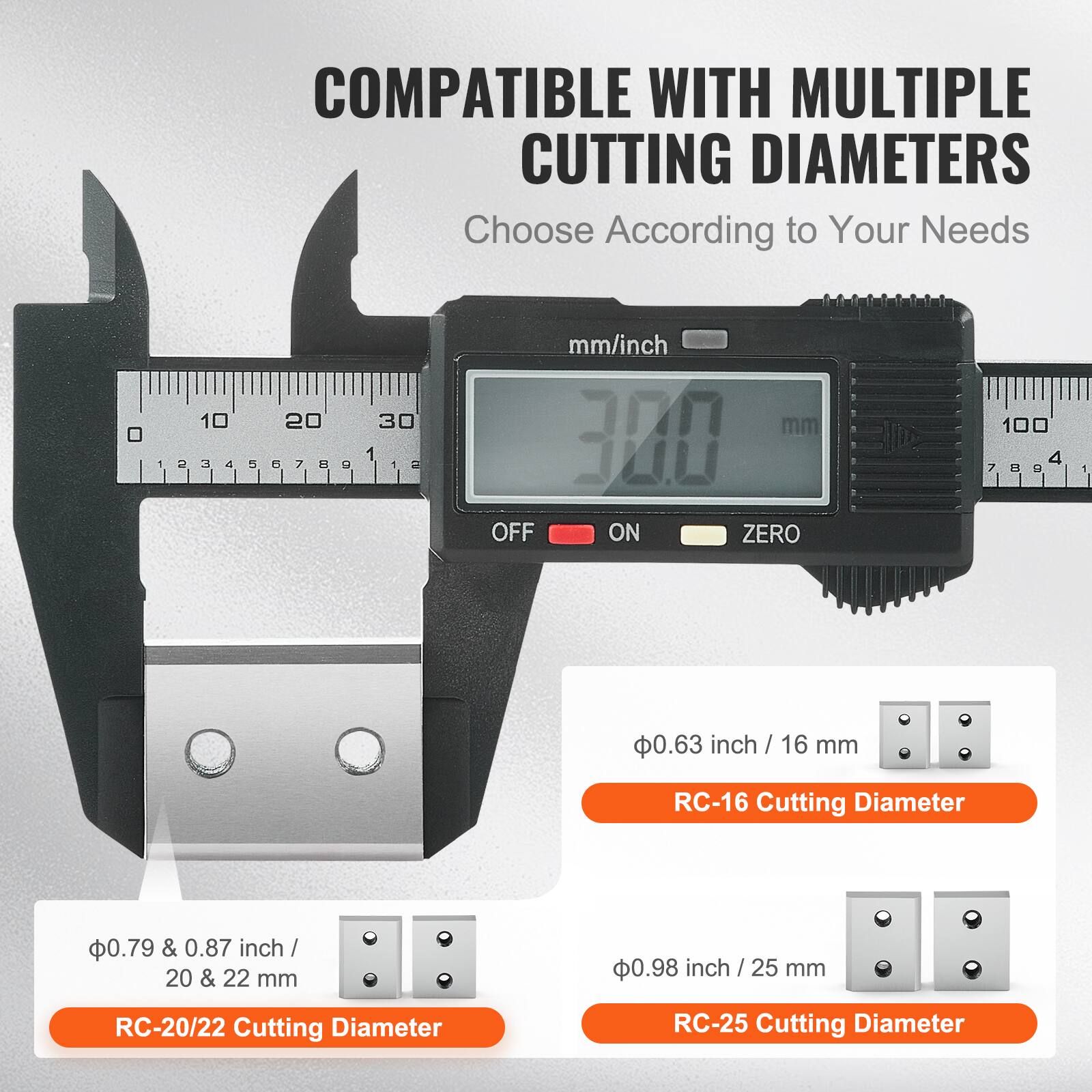 COMPATIBLE WITH MULTIPLE CUTTING DIAMETERS  
Choose According to Your Needs  

- 0.63 inch / 16 mm  
  RC-16 Cutting Diameter  

- 0.79 & 0.87 inch / 20 & 22 mm  
  RC-20/22 Cutting Diameter  

- 0.98 inch / 25 mm  
  RC-25 Cutting Diameter