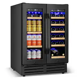 HOOURE - 24 in. Dual Zone 20-Wine Bottles and 88-Cans Beverage & Wine Cooler in Stainless Steel With Smart Control Panel - Black