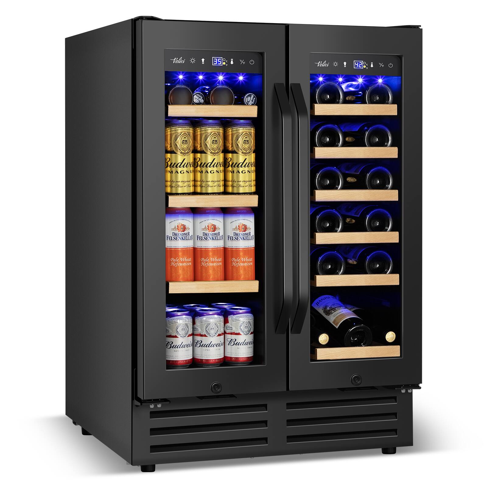 HOOURE - 24 in. Dual Zone 20-Wine Bottles and 88-Cans Beverage & Wine Cooler in Stainless Steel With Smart Control Panel - Black