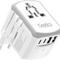 Ceptics - Universal Travel Adapter 17.5W, 5 in 1 Laptop Charger with 2X USB-A & USB-C 3.5A for Mobiles, Laptops, Cameras - White