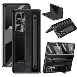 Dteck - for Samsung Galaxy Z Fold 7 Case Vintage PU Leather Full Body Hinge Cover with Built-in Front Screen Protector - Black