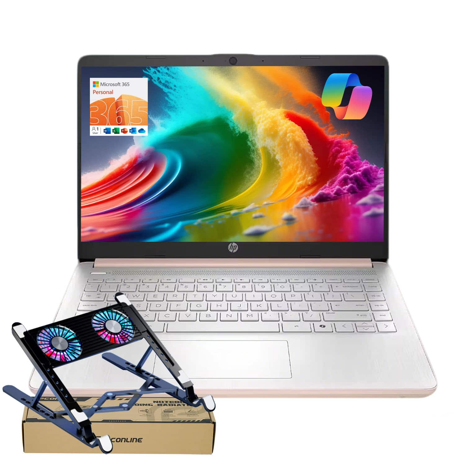 HP - 14" HD Laptop - Intel Quad-Core Processor - 8GB RAM - 128GB eMMC - Copilot & 1-Yr Office 365 - PCO Laptop cooler - Rose
