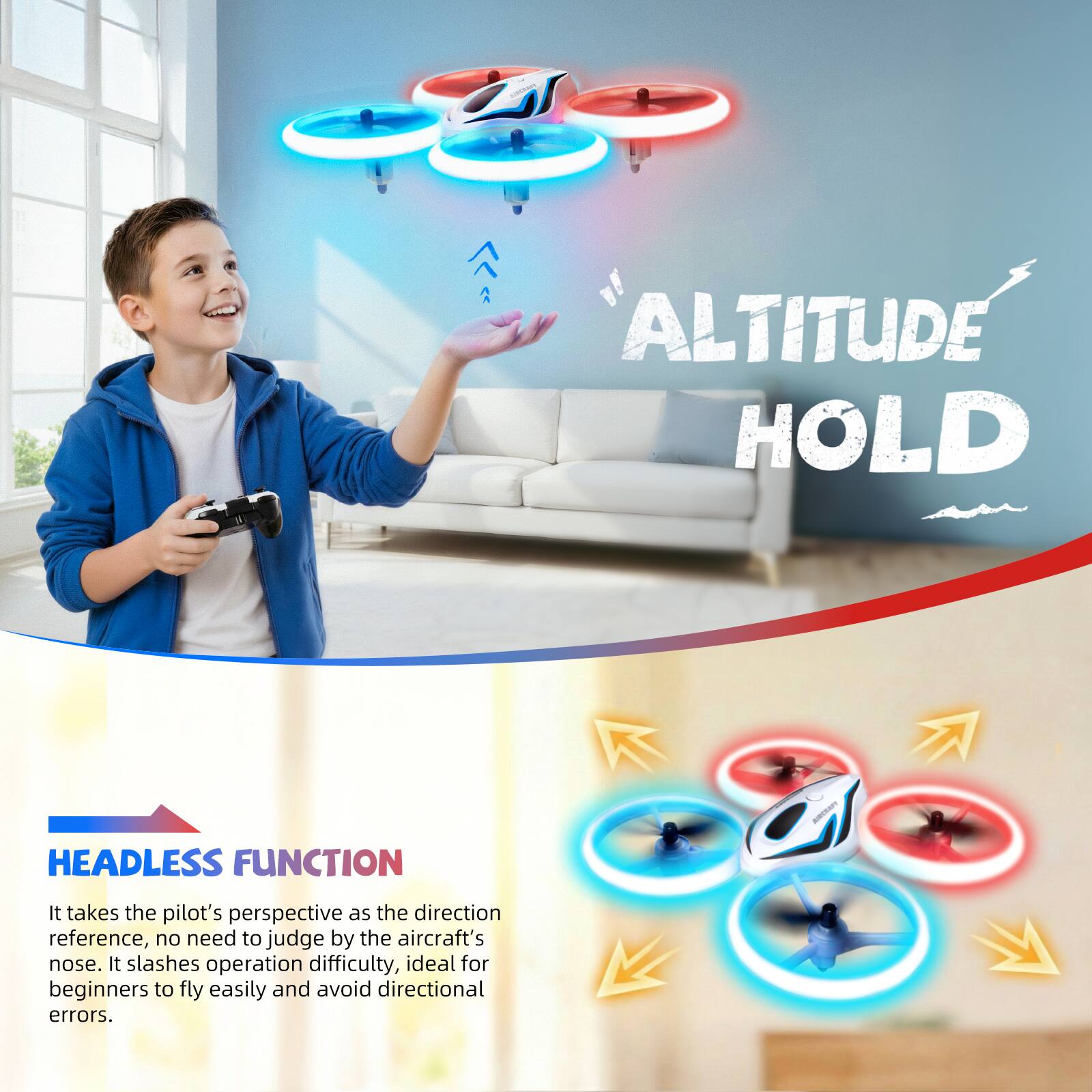 ALTITUDE HOLD HEADLESS FUNCTION

It takes the pilot's perspective as the direction reference, no need to judge by the aircraft's nose. It slashes operation difficulty, ideal for beginners to fly easily and avoid directional errors.