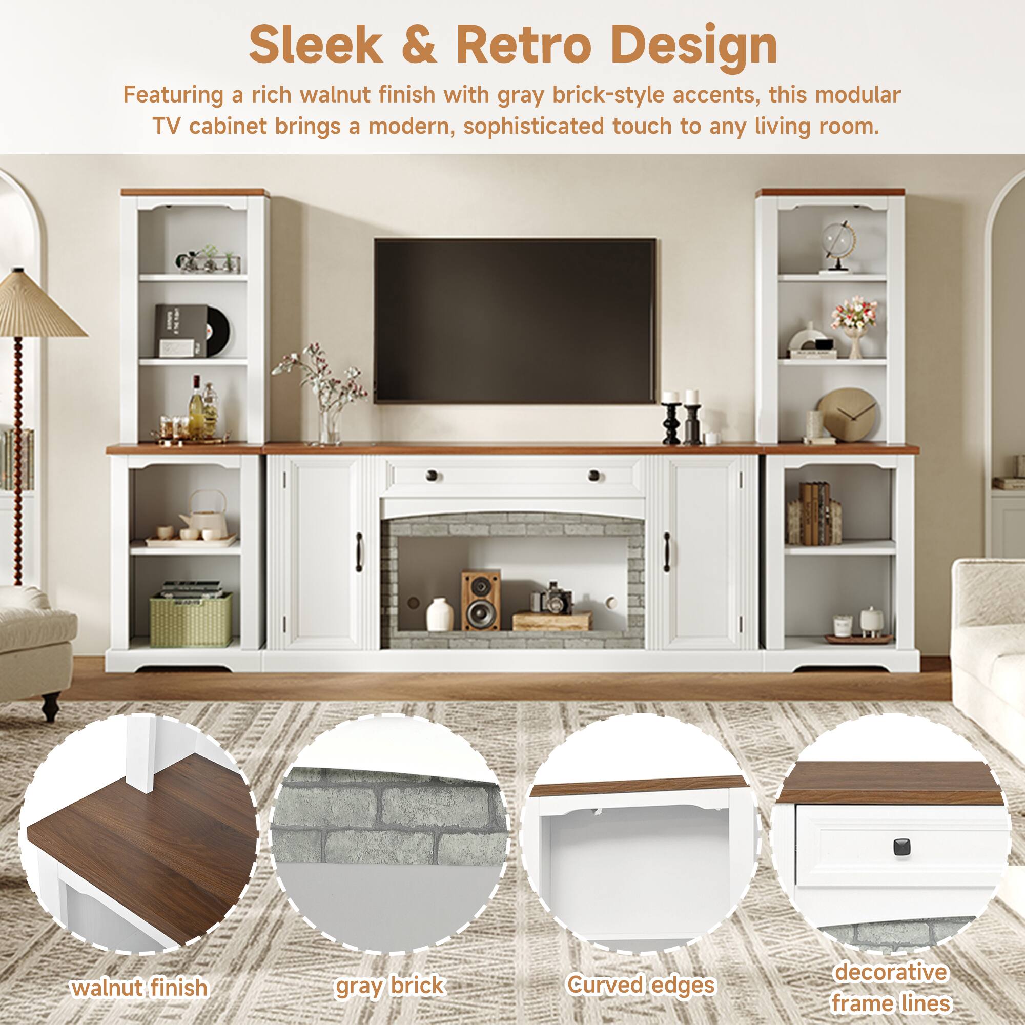Sleek & Retro Design

Featuring a rich walnut finish with gray brick-style accents, this modular TV cabinet brings a modern, sophisticated touch to any living room.

- Walnut finish
- Gray brick
- Curved edges
- Decorative frame lines