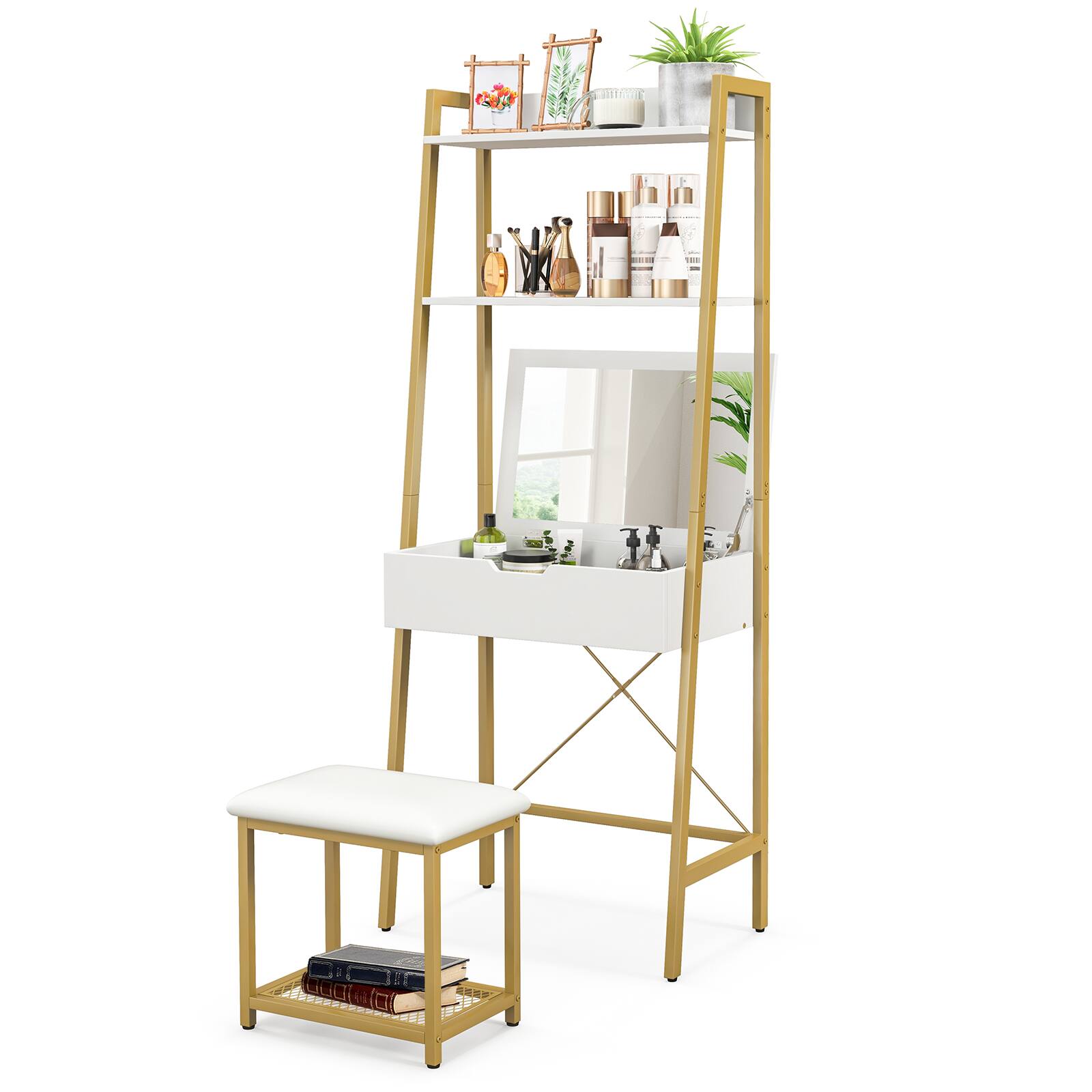 Front. Ecooso - Ladder Vanity Desk with Flip Top Mirror Cushioned Stool and Organizer Storage - Gold + White.