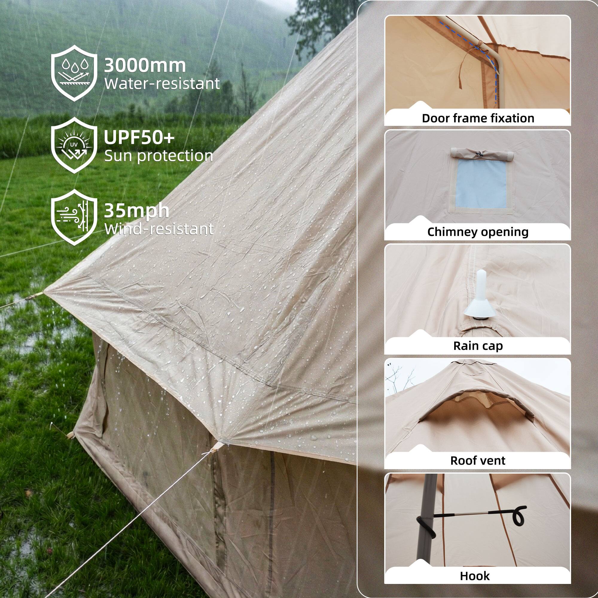 3000mm Water-resistant UV UPF50+ Sun protection  
35mph Wind-resistant  
Door frame fixation  
Chimney opening  
Rain cap  
Roof vent  
Hook