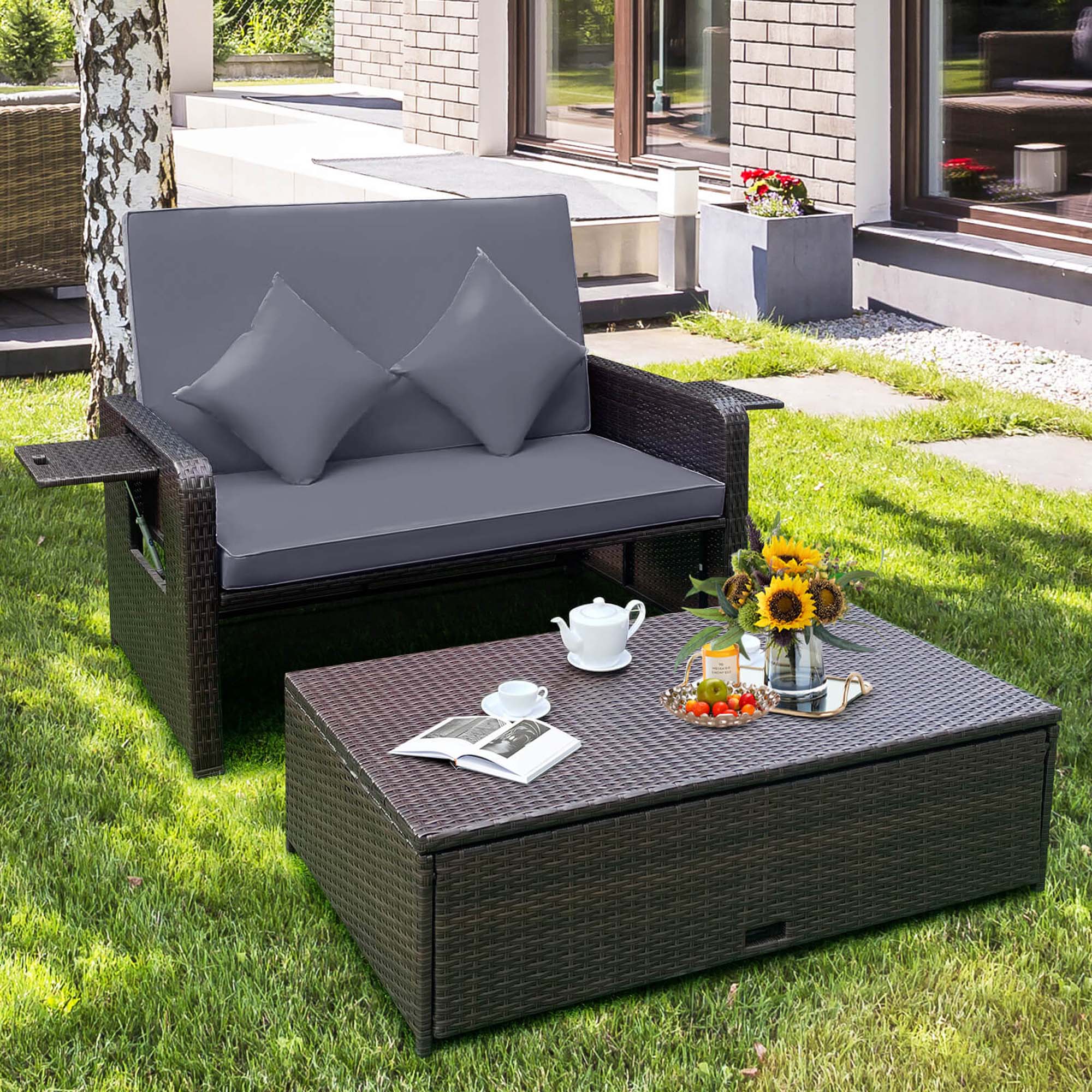Alt View 4. Costway - Patio Rattan Loveseat Set Daybed Lounge Storage Ottoman Side Tables Adjust - Gray + Mix Brown.