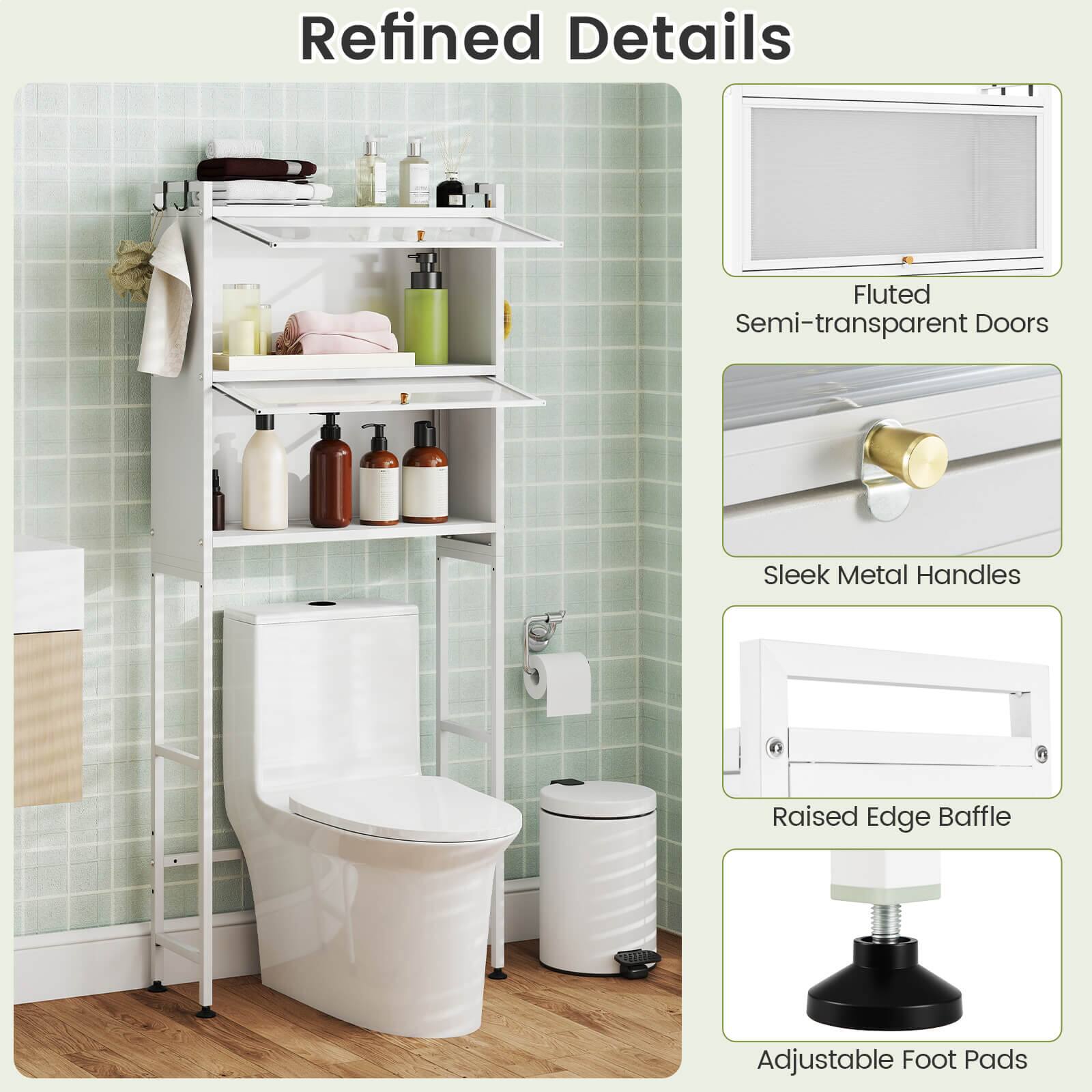 Refined Details

- Fluted Semi-transparent Doors
- Sleek Metal Handles
- Raised Edge Baffle
- Adjustable Foot Pads