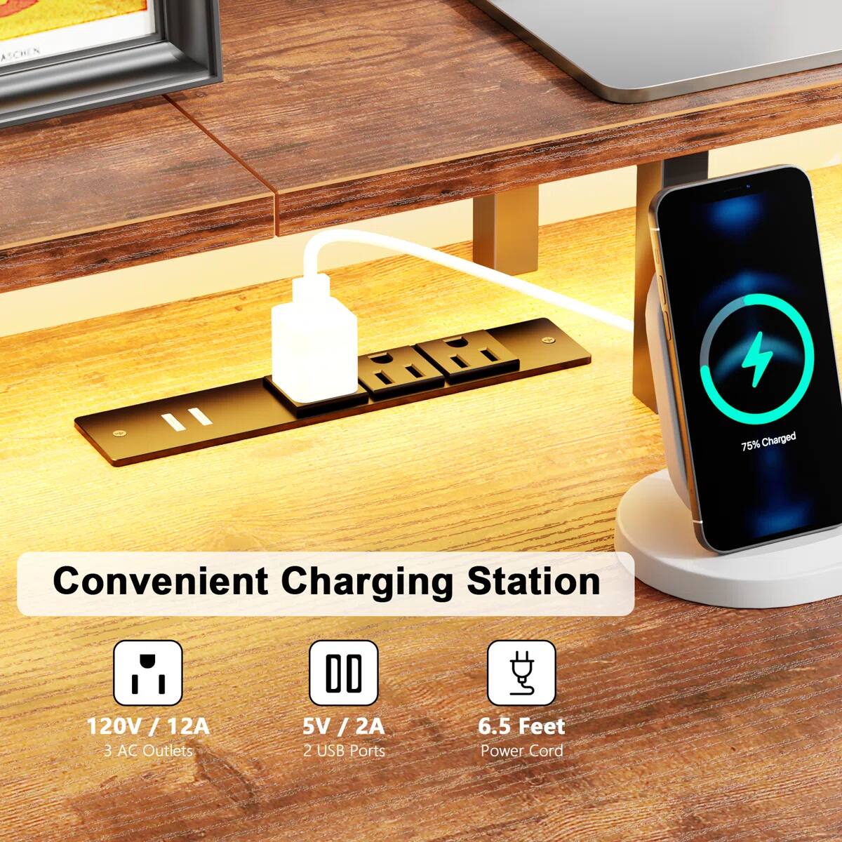 ASCHEN N A AR  
75% Charged  
Convenient Charging Station  
120V / 12A / 12A  
3 AC Outlets  
5V / 2A / 2A  
2 USB Ports  
6.5 Feet Power Cord