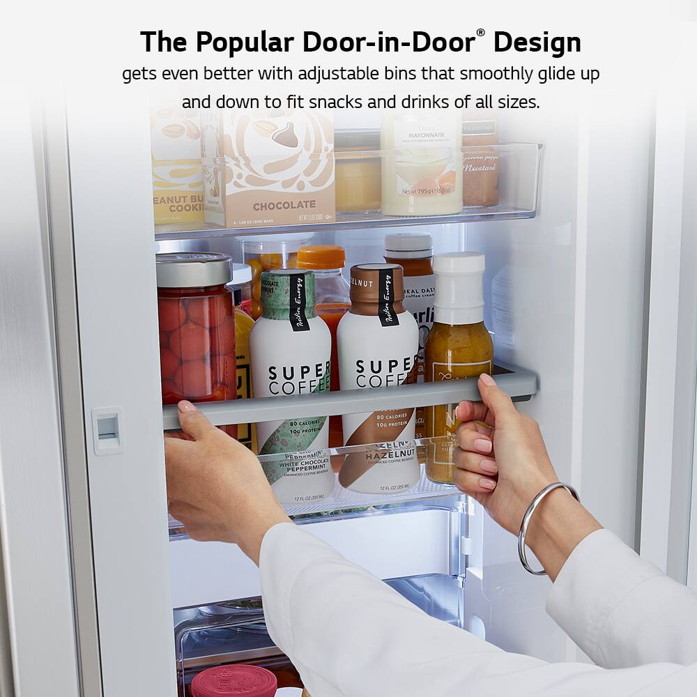 The Popular Door-in-Door® Design gets even better with adjustable bins that smoothly glide up and down to fit snacks and drinks of all sizes.

- PEANUT BUTTER COOKIES
- CHOCOLATE
- MAYONNAISE
- SUPER COFFEE
- REAL DAIRY COFFEE CREAMER
- HAZELNUT COFFEE CREAMER
- WHITE CHOCOLATE PEPPERMINT