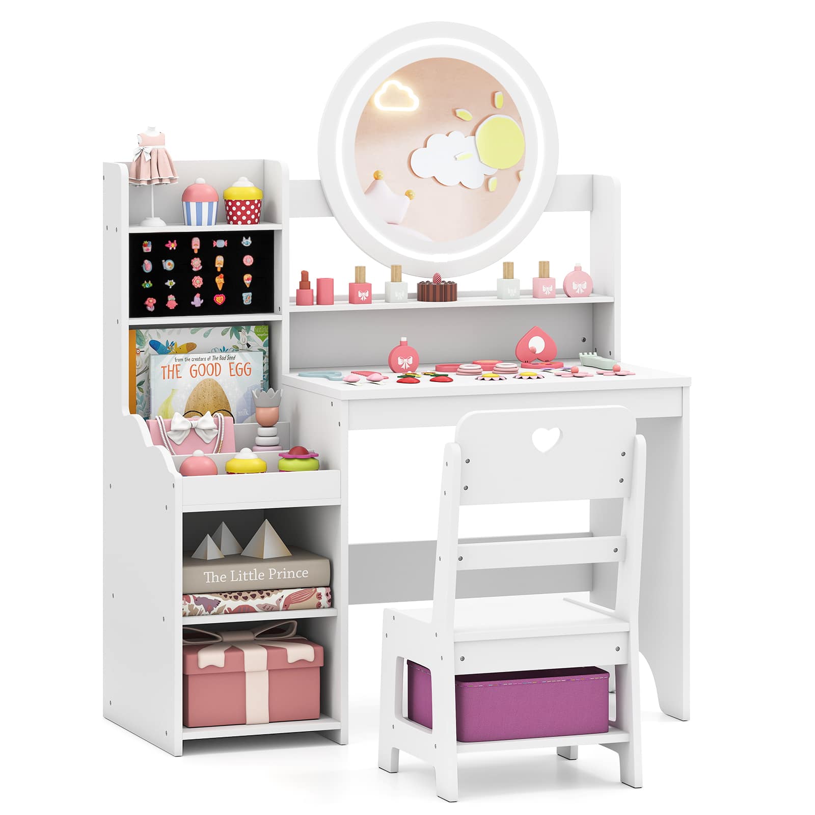 Gymax - Kids Vanity Table Set w/ Lighted LED Mirror Princess Dressing Table w/ Chair - White