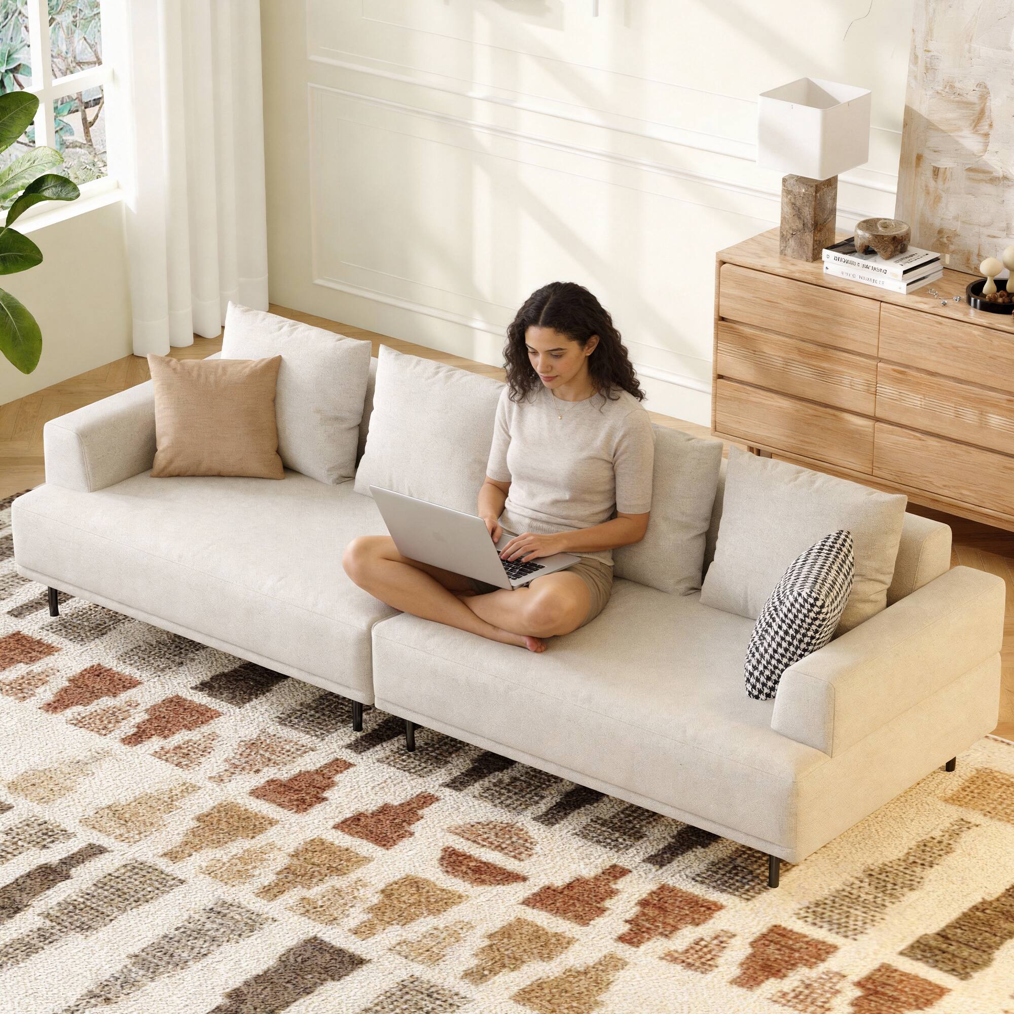 Alt View 5. luck idea - 66.14" Breathable Cotton-Linen Fabric Sofa,couch, Solid Wood Frame, High-Elastic Sponge Seat Cushion - Light Beige.