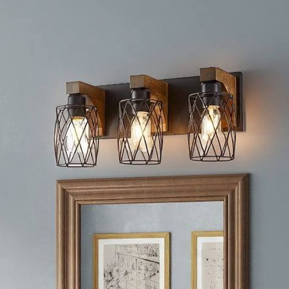 Front. YOSIMFUR - 3-Light Farmhouse Bathroom Vanity Light, Rustic Wood & Black Metal Wall Sconce for Mirror.