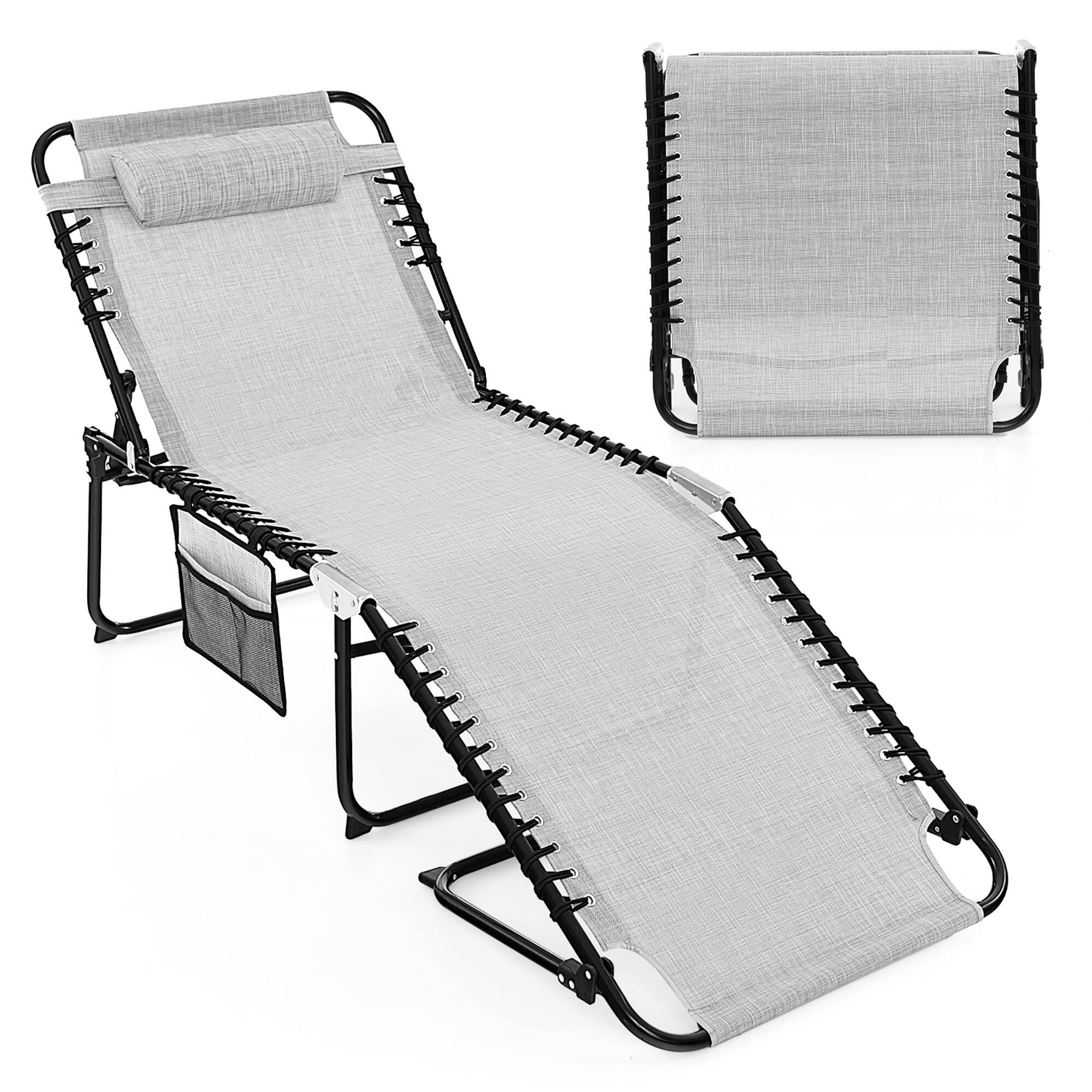 Front. Gymax - Gymax Folding Reclining Lounge Chaise 4-Position Backrest Portable Beach Chair Grey - Grey.