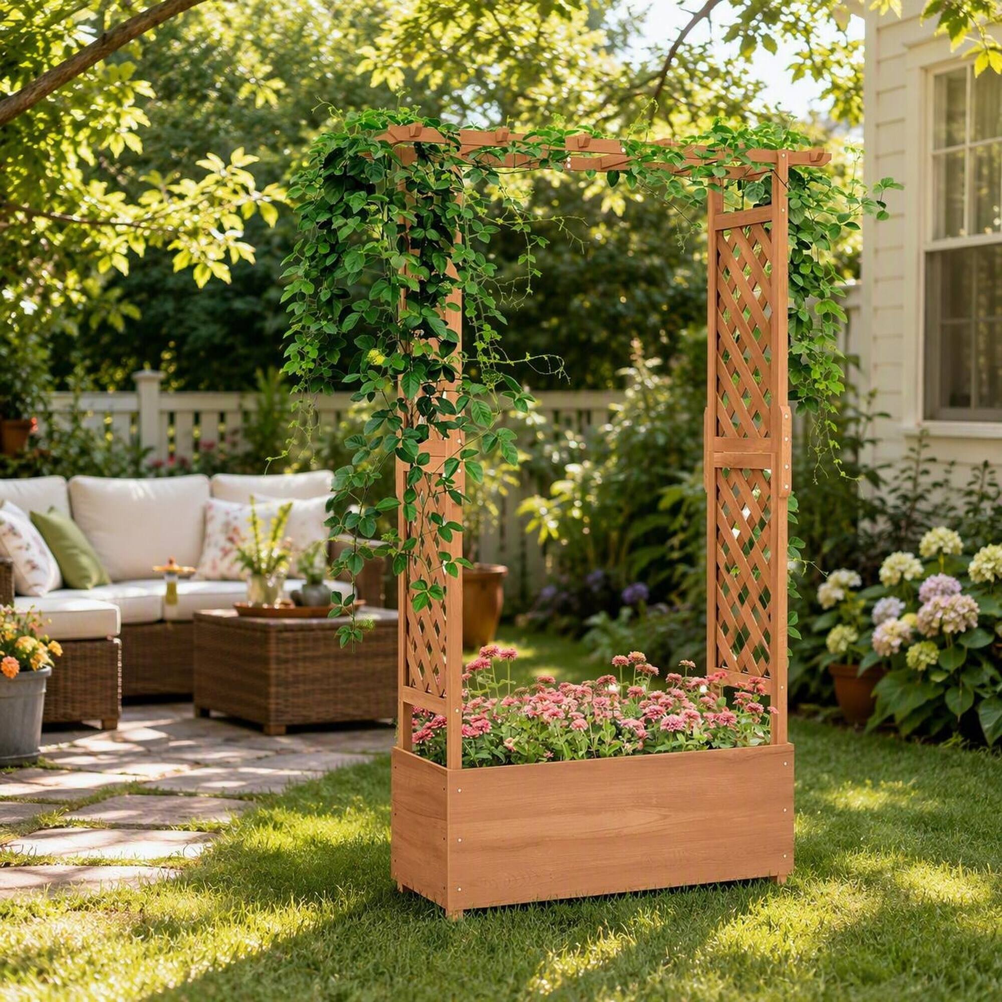 Alt View 2. RYHNUYNE - Raised Wooden Garden Planter with Arch Trellis for Climbing Plants and Hanging Flowers, 44 x 16.25 x 70.75 Inch - Brown.
