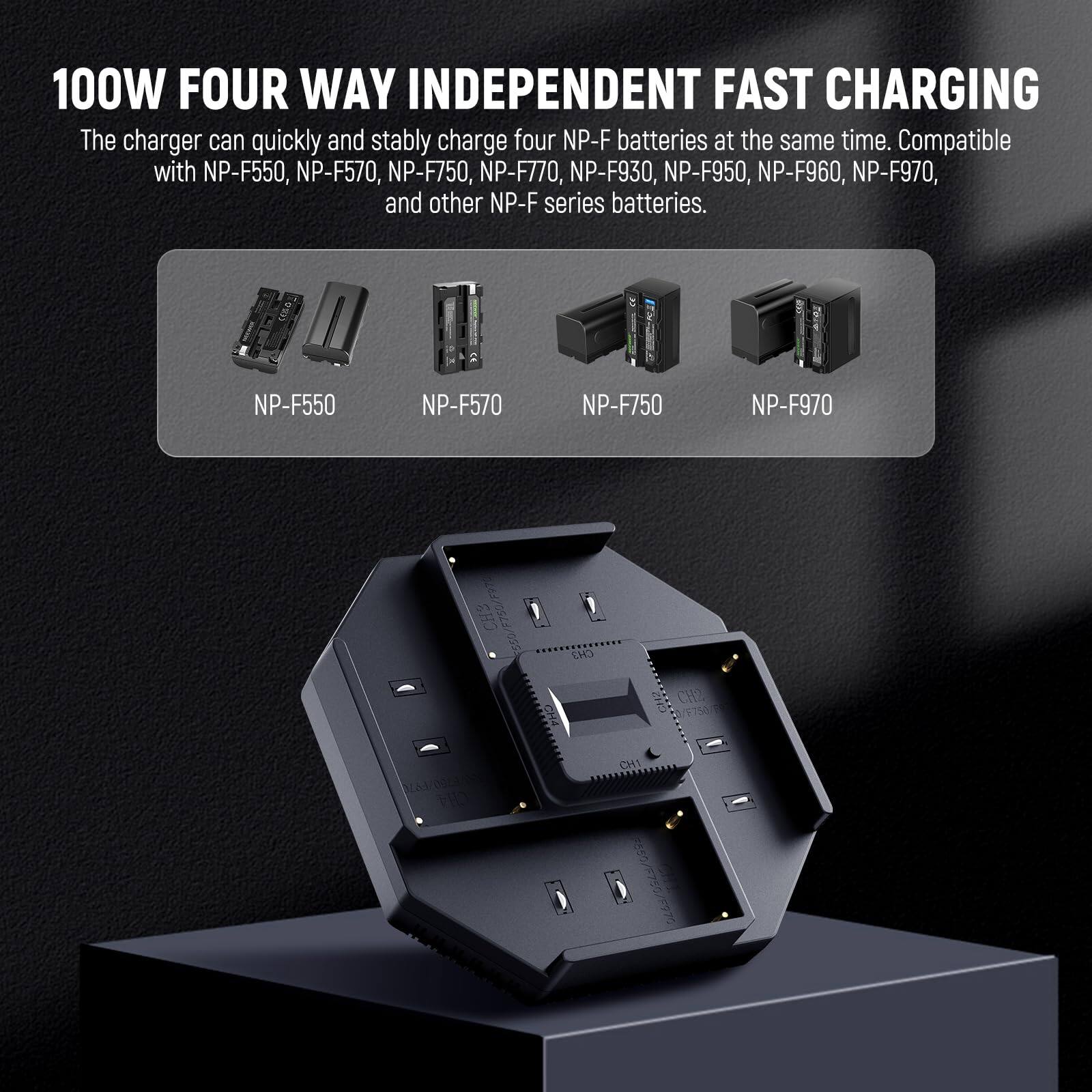 100W FOUR WAY INDEPENDENT FAST CHARGING

The charger can quickly and stably charge four NP-F batteries at the same time. Compatible with NP-F550, NP-F570, NP-F750, NP-F770, NP-F930, NP-F950, NP-F960, NP-F970, and other NP-F series batteries.

NP-F550 NP-F570 NP-F750 NP-F970