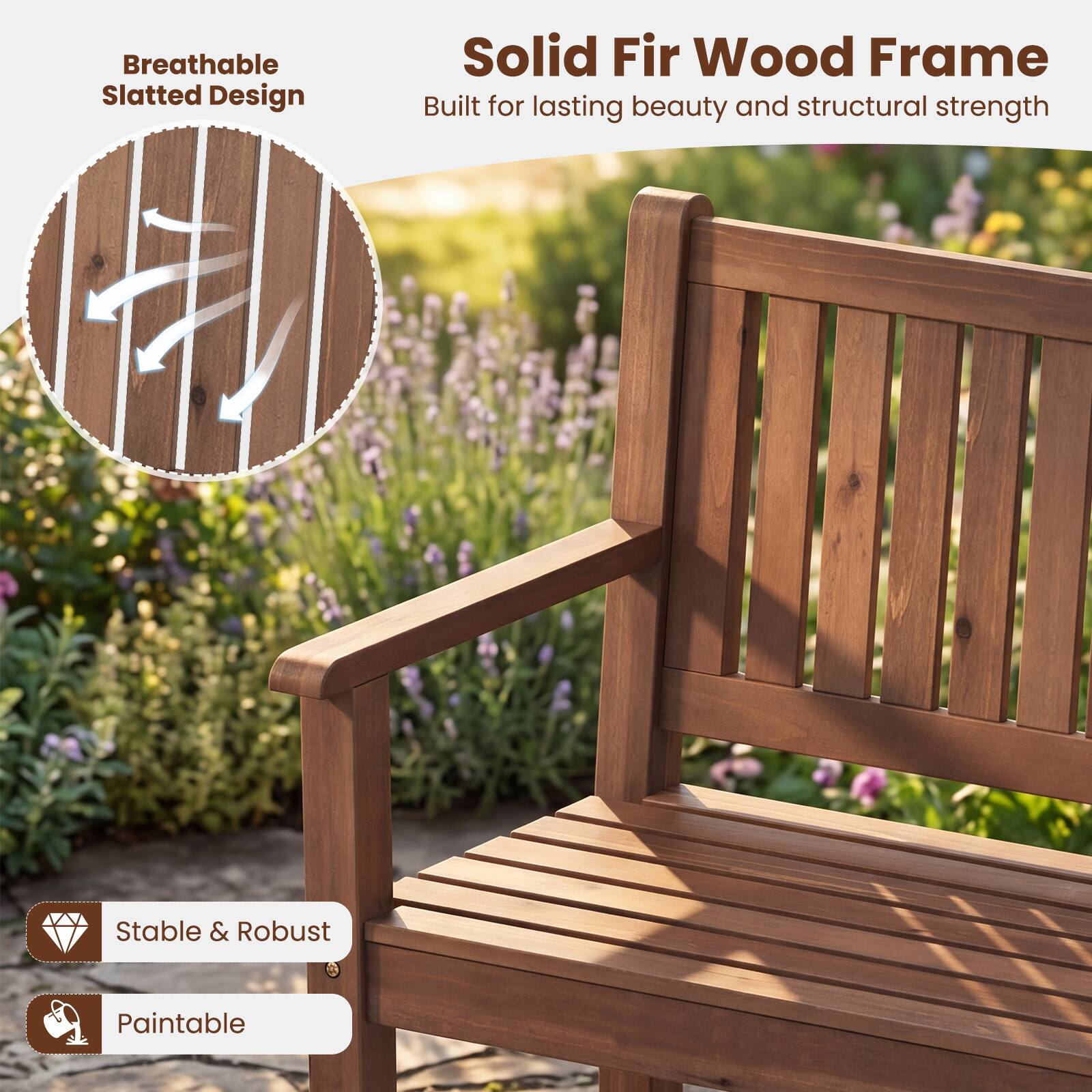Breathable Slatted Design  
Solid Fir Wood Frame  
Built for lasting beauty and structural strength  
Stable & Robust  
Paintable