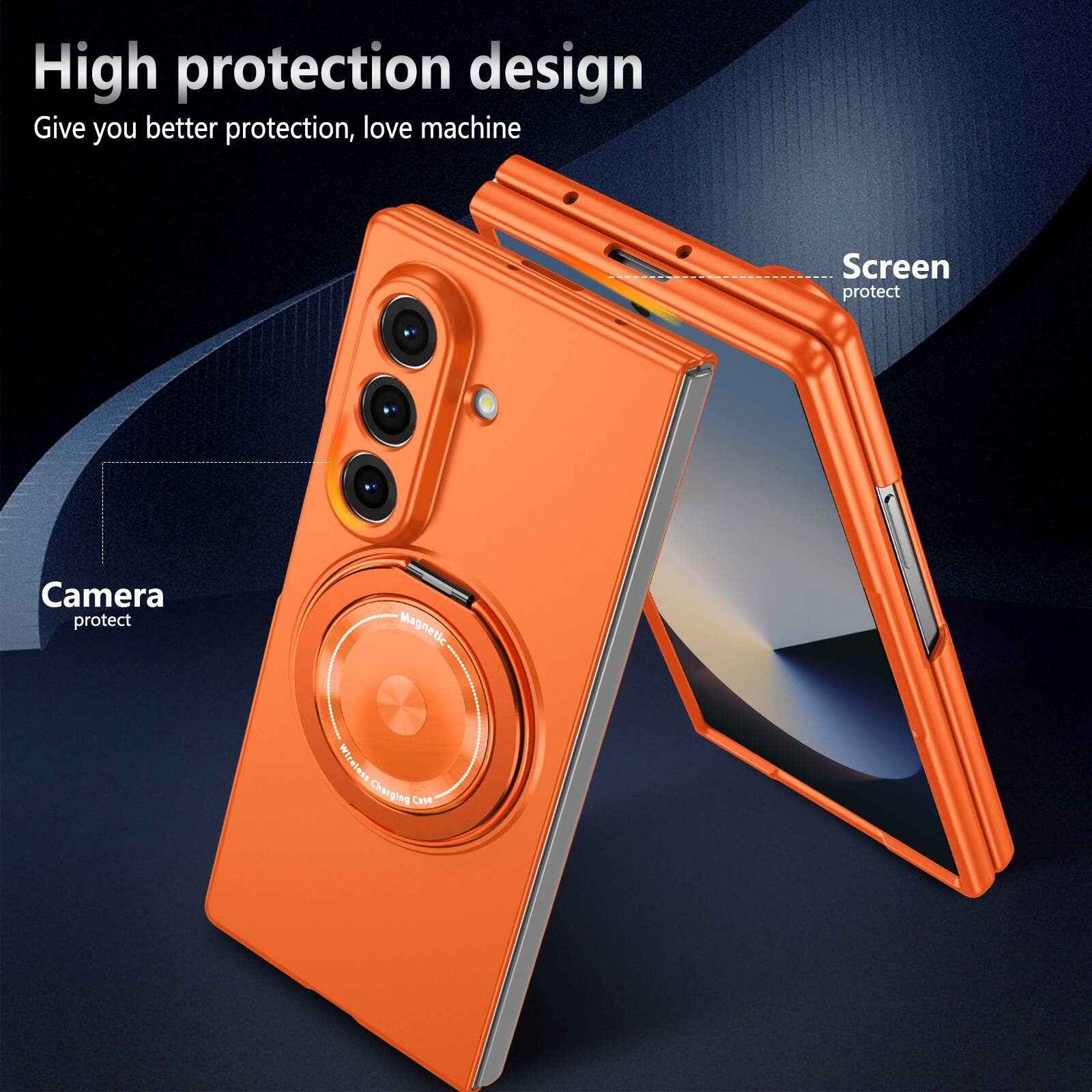 High protection design  
Give you better protection, love machine  
Screen protect  
Camera protect  
Magnetic Wireless Charging Case