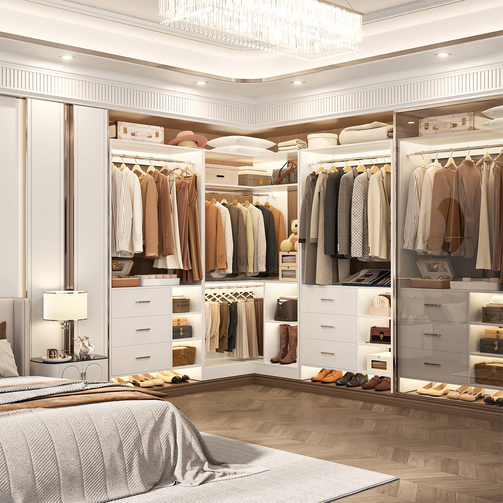 Left. Aheaplus - 61'' - 92.6'' W L-Shaped Closet System - Corner Wardrobe System with 6 Drawers, 4 Hanging Rods, and Shelves - White.