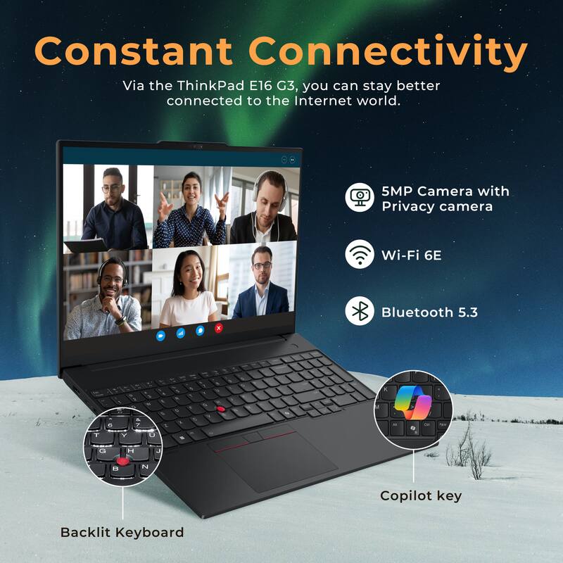 Constant Connectivity  
Via the ThinkPad E16 G3, you can stay better connected to the Internet world.  
- 5MP Camera with Privacy camera  
- Wi-Fi 6E  
- Bluetooth 5.3  
- Backlit Keyboard  
- Copilot key