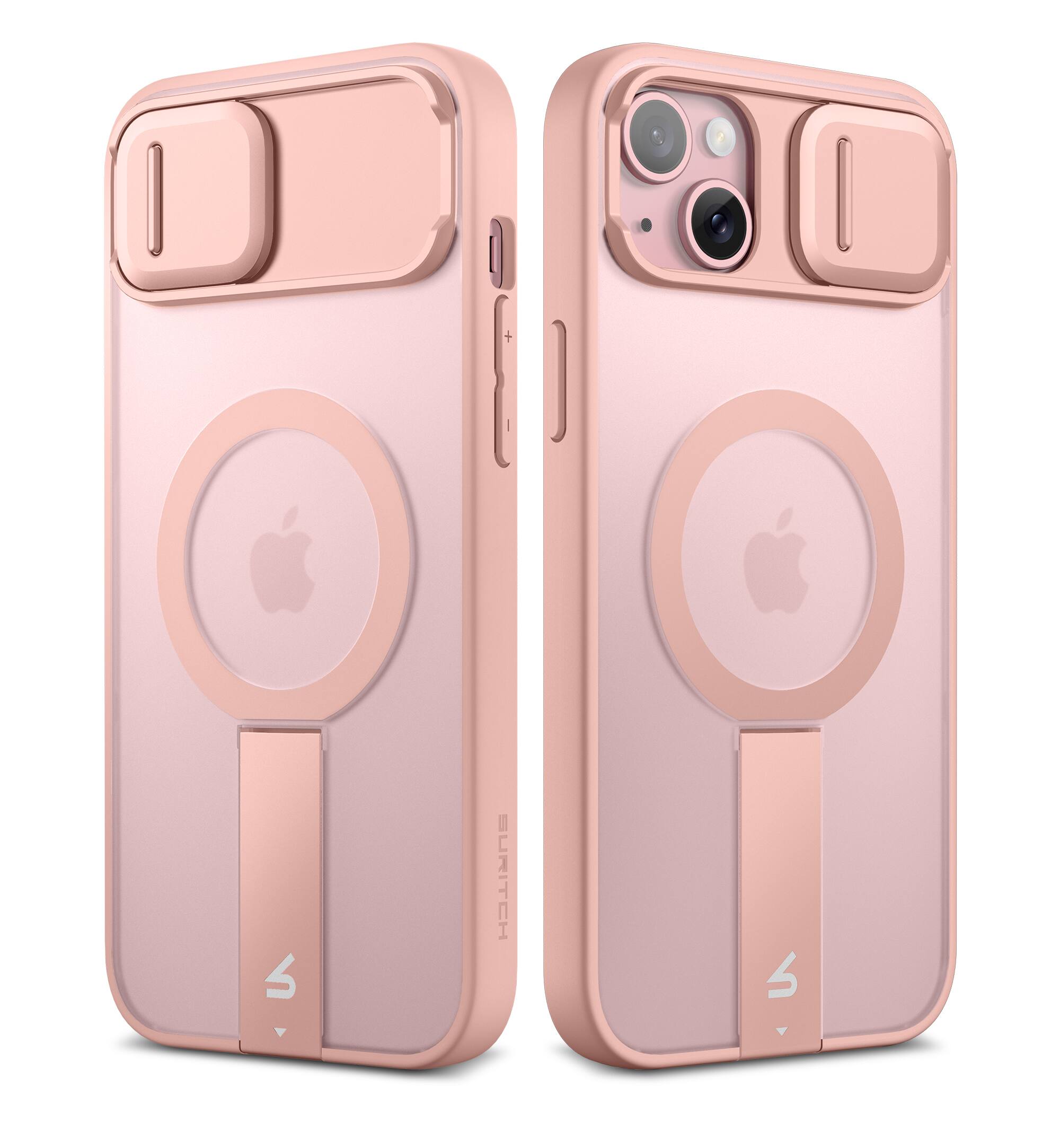 Angle. SURITCH - Rugged Case for iPhone 14 Plus/15 Plus, Compatible with MagSafe, Built-in Kickstand & Camera Cover & Translucent Back - Dawn Pink.