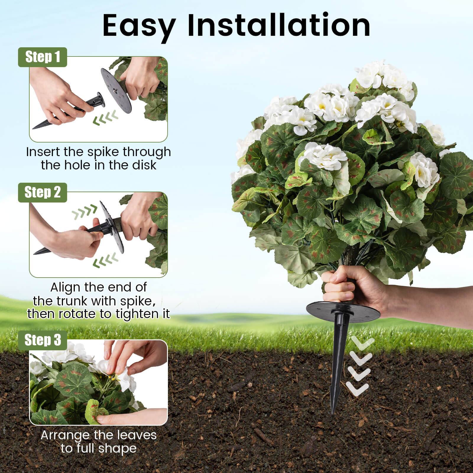 Step 1: Easy Installation  
Insert the spike through the hole in the disk  

Step 2: Align the end of the trunk with spike, then rotate to tighten it  

Step 3: Arrange the leaves to full shape