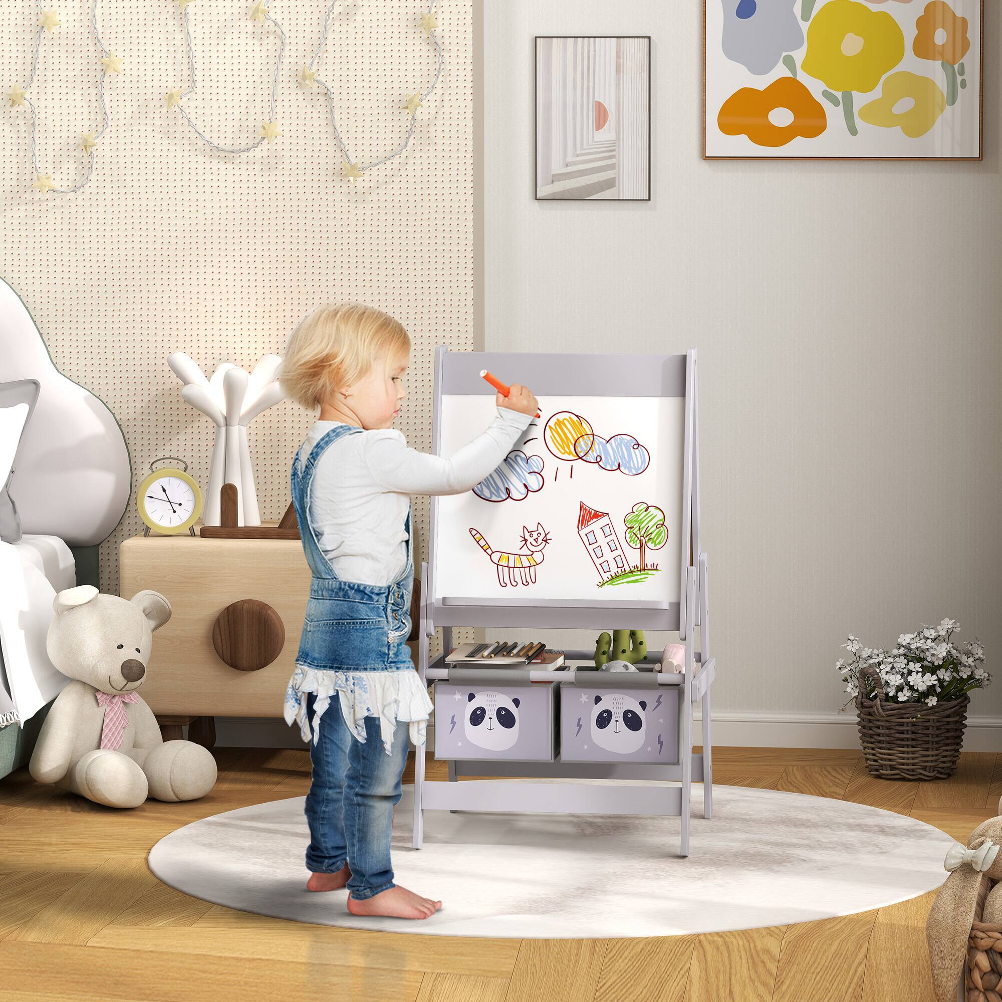 Angle. Qaba - Art Easel for Kids with Paper Roll, 3 in 1 Toddler Painting Easel with Blackboard, Whiteboard, Storage Baskets.