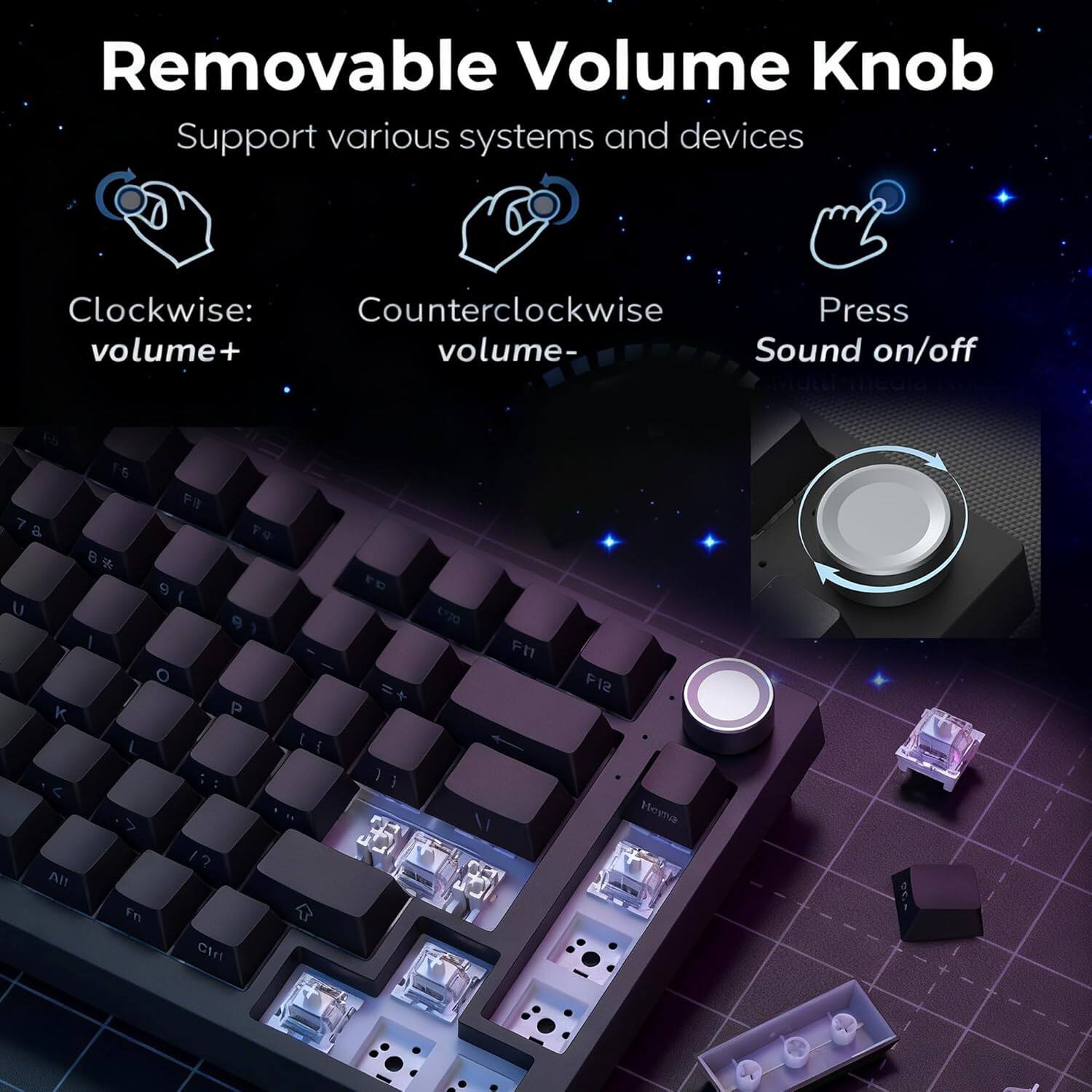 Removable Volume Knob  
Support various systems and devices  

Clockwise: volume+  
Counterclockwise: volume-  
Press: Sound on/off