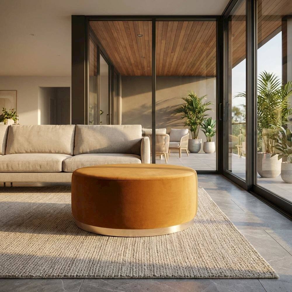 Angle. Outdoor Escape - Performance Velvet 38-Inch Round Outdoor Ottoman, Plush Upholstery, Versatile - Brown.