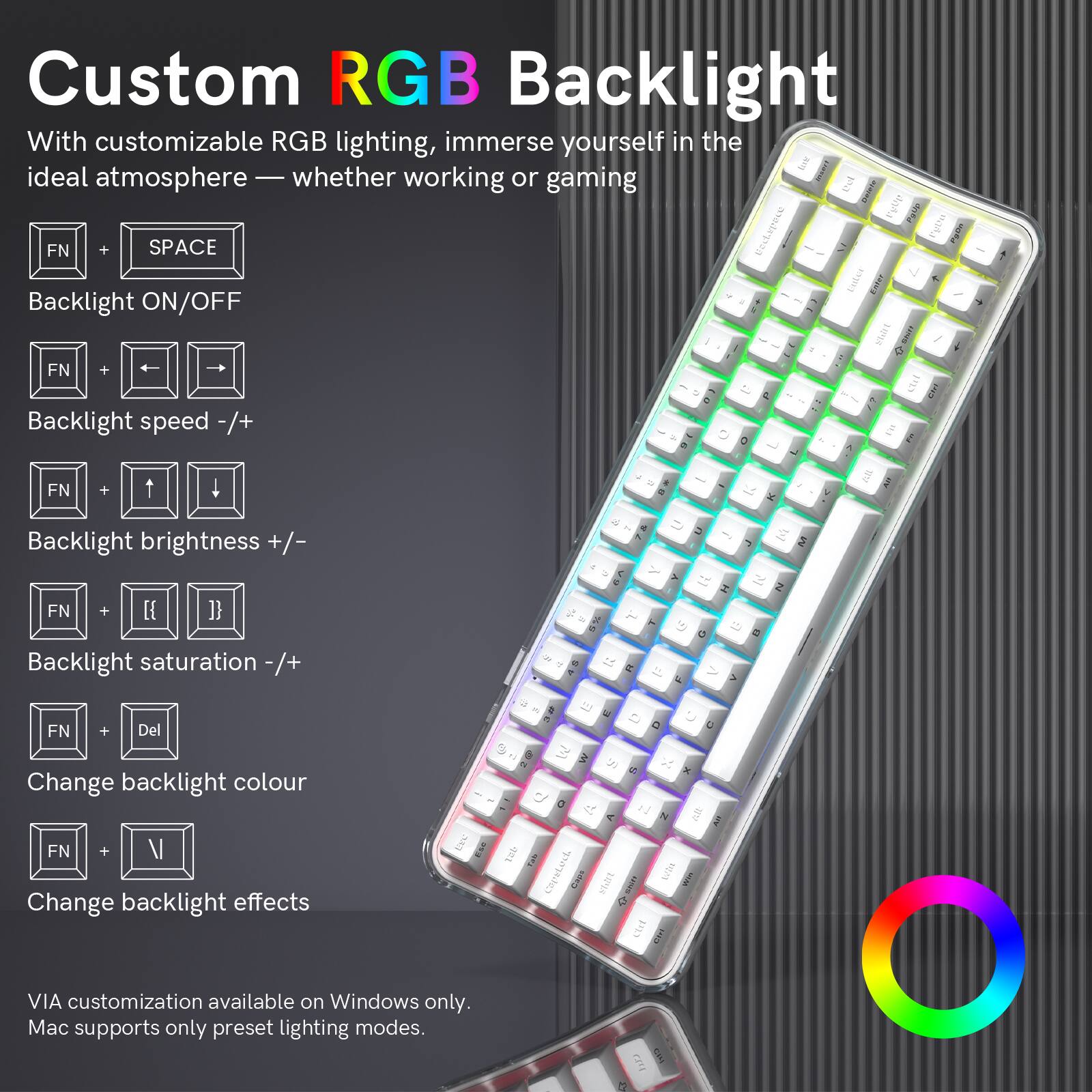 Custom RGB Backlight

With customizable RGB lighting, immerse yourself in the ideal atmosphere — whether working or gaming

- FN + SPACE: Backlight ON/OFF
- FN + ←/→: Backlight speed -/+
- FN + ↑/↓: Backlight brightness +/- 
- FN + {/}: Backlight saturation -/+
- FN + Del: Change backlight colour
- FN + V: Change backlight effects

VIA customization available on Windows only. Mac supports only preset lighting modes.