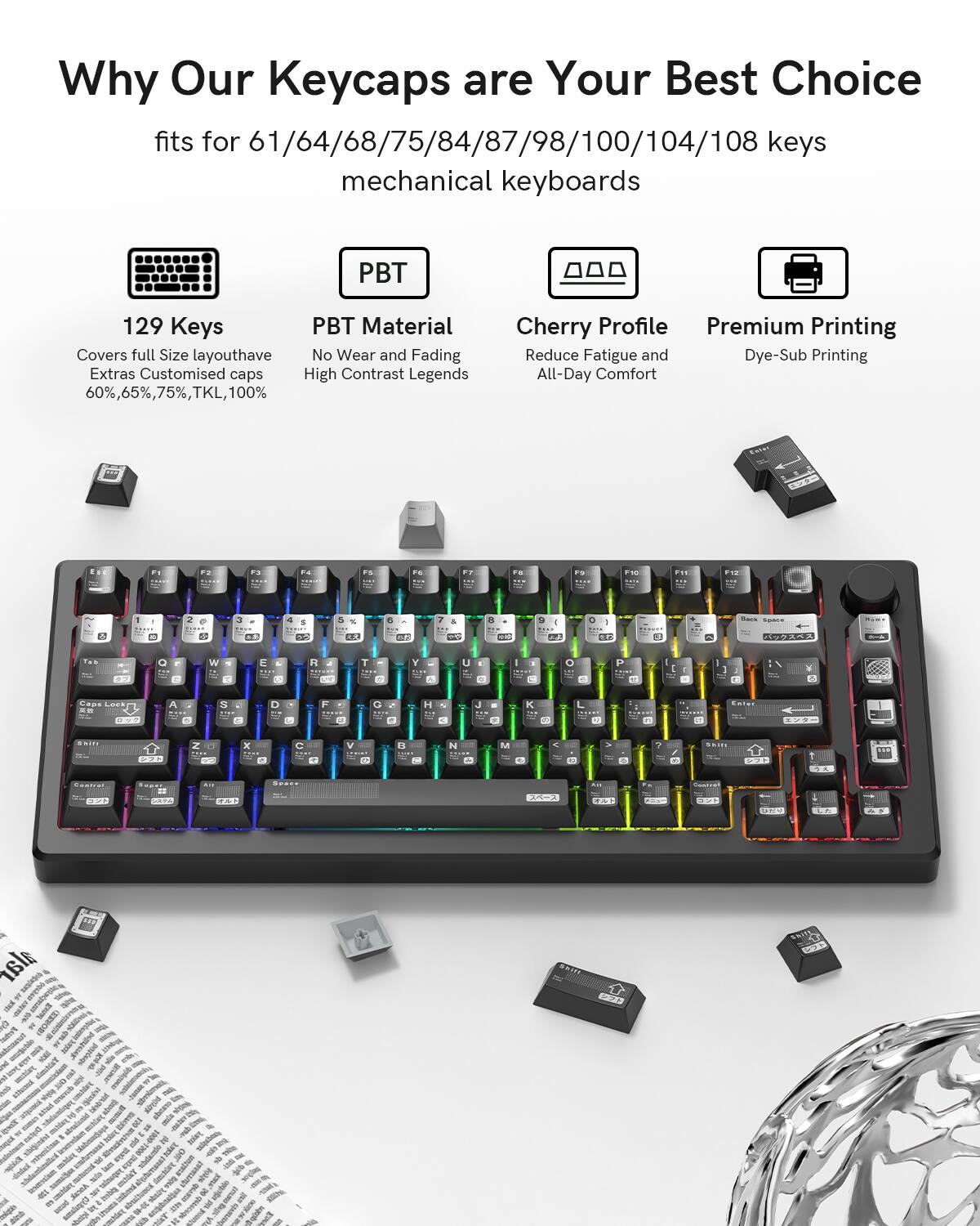 Why Our Keycaps are Your Best Choice

fits for 61/64/68/75/84/87/98/100/104/108 keys mechanical keyboards

- 129 Keys
  - Covers full size layout
  - Have extras customised caps
  - 60%, 65%, 75%, TKL, 100%

- PBT Material
  - No wear and fading
  - High contrast legends

- Cherry Profile
  - Reduce fatigue and all-day comfort

- Premium Printing
  - Dye-sub printing