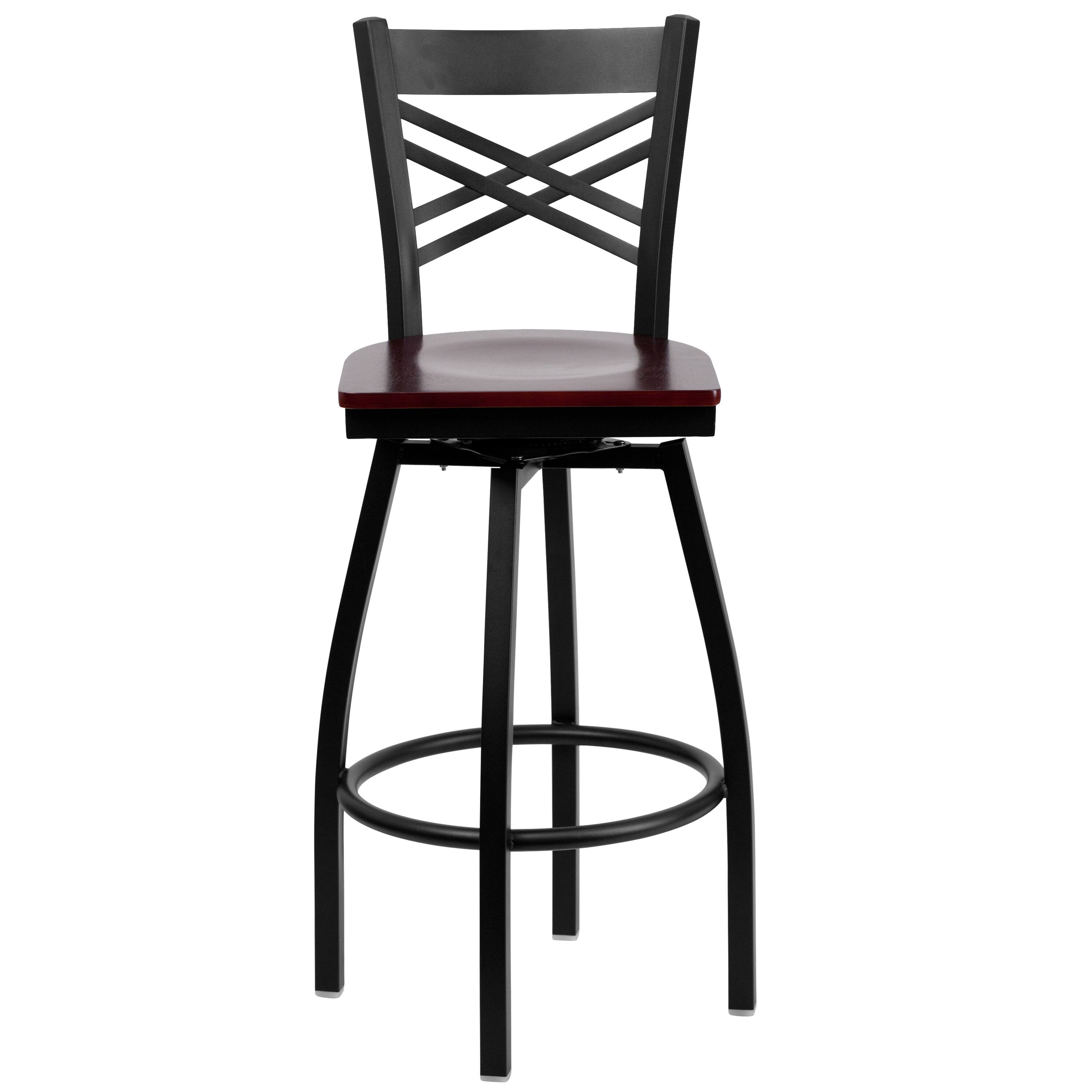 Alt View 5. Emma + Oliver - "X" Back Swivel Metal Restaurant Dining Barstool - Mahogany Wood Seat/Black Metal Frame.