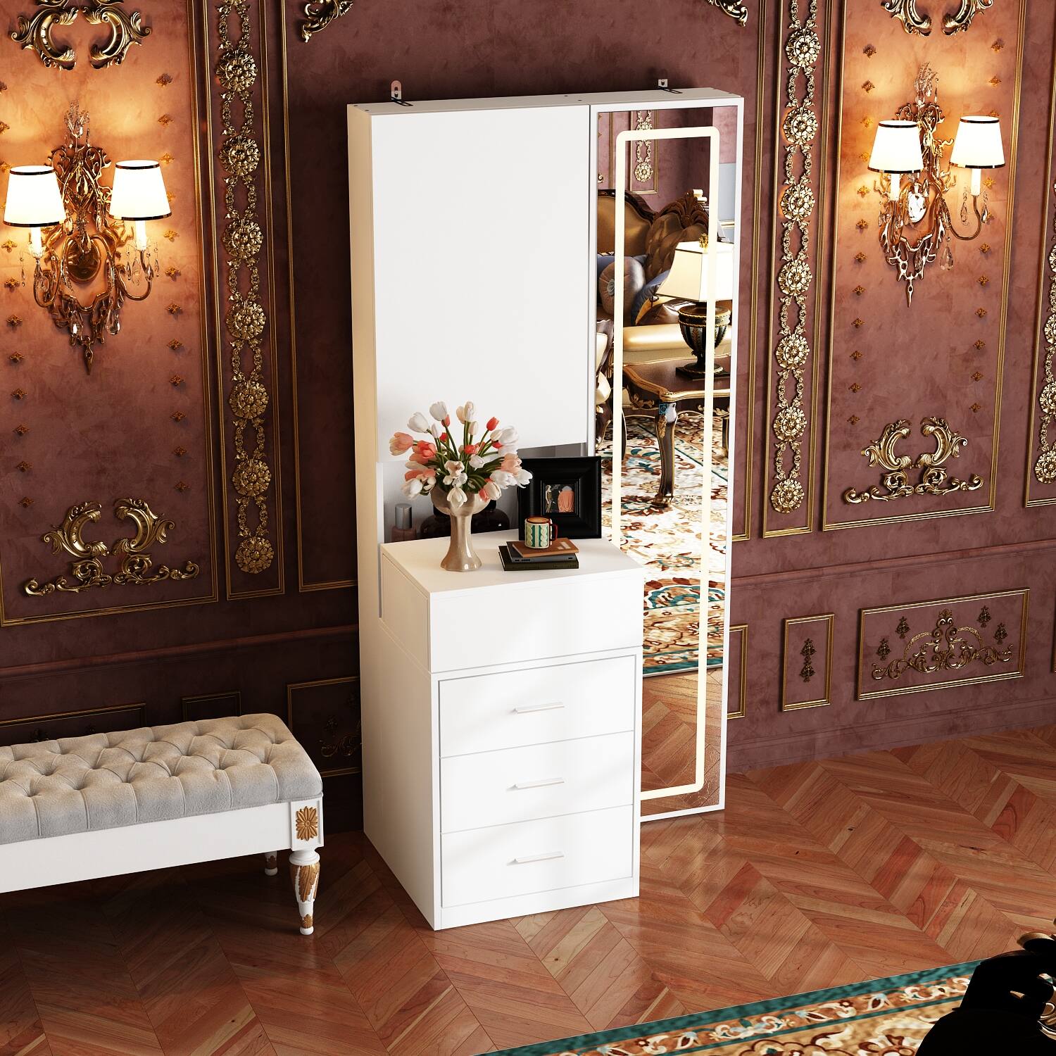 Back. Famapy - LED Full - Length Mirror Vanity Set with Hidden Makeup Desk & Ample Storage - White.