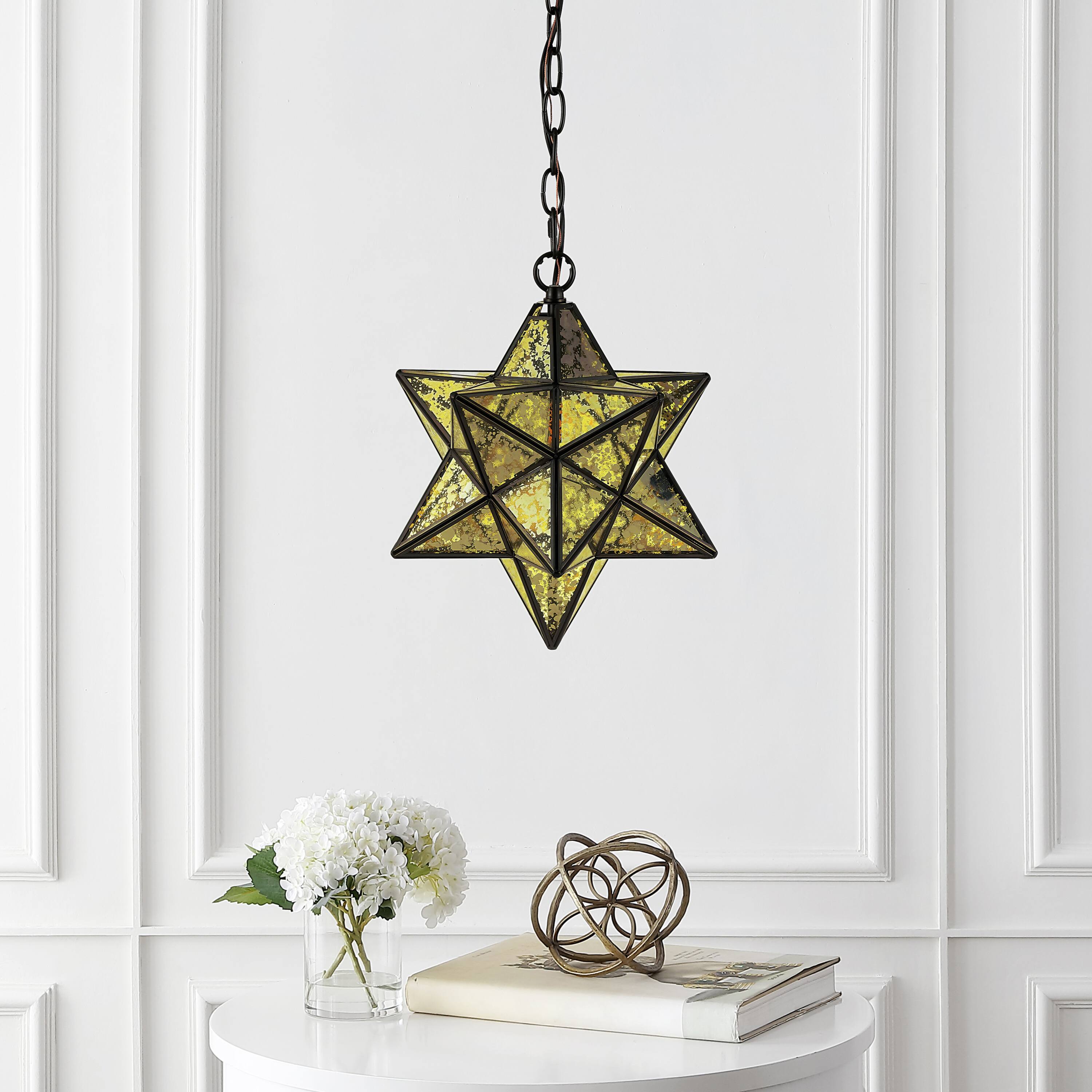 Alt View 4. Jonathan Y - Stella 12" Moravian Star Metal/Clear Glass LED Pendant, Oil Rubbed Bronze/Yellow Mercury Glass - Oil Rubbed Bronze.