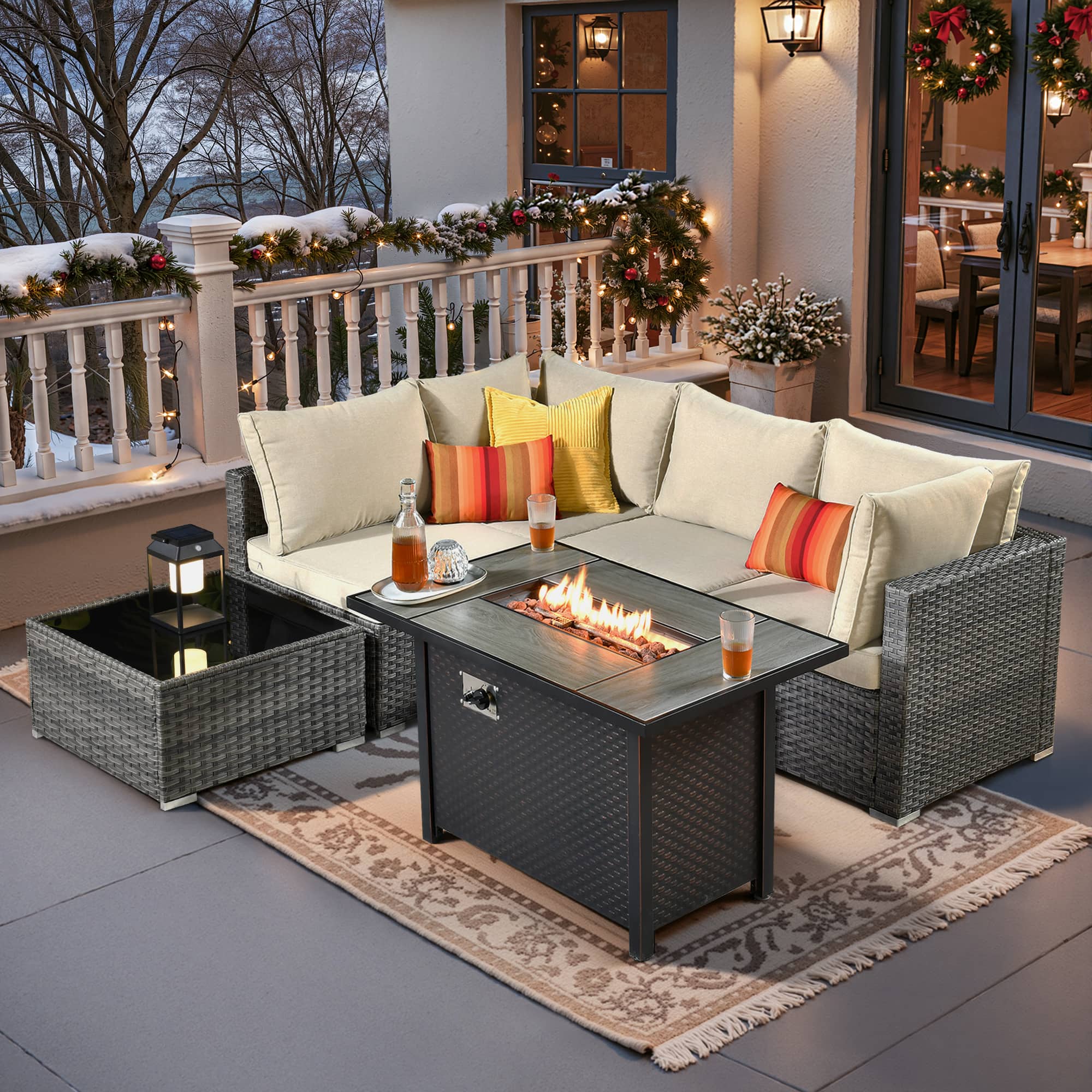 Ovios - 6 PCS Wicker Patio Furniture Outdoor Sectional Sofa with Coffee Table & 42'' Firepit Table - Beige