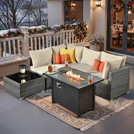 Ovios - 6 PCS Wicker Patio Furniture Outdoor Sectional Sofa with Coffee Table & 42'' Firepit Table - Beige