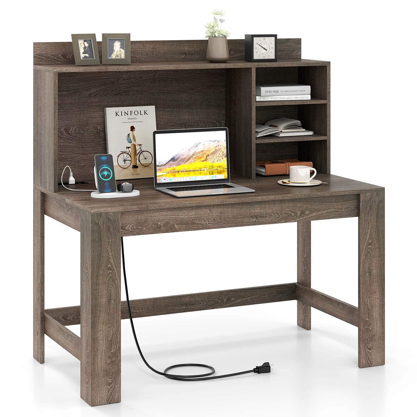 Costway - Computer Desk with Hutch 2 Power Outlets USB & Type-c charging Ports 3 Shelves - Gray oak
