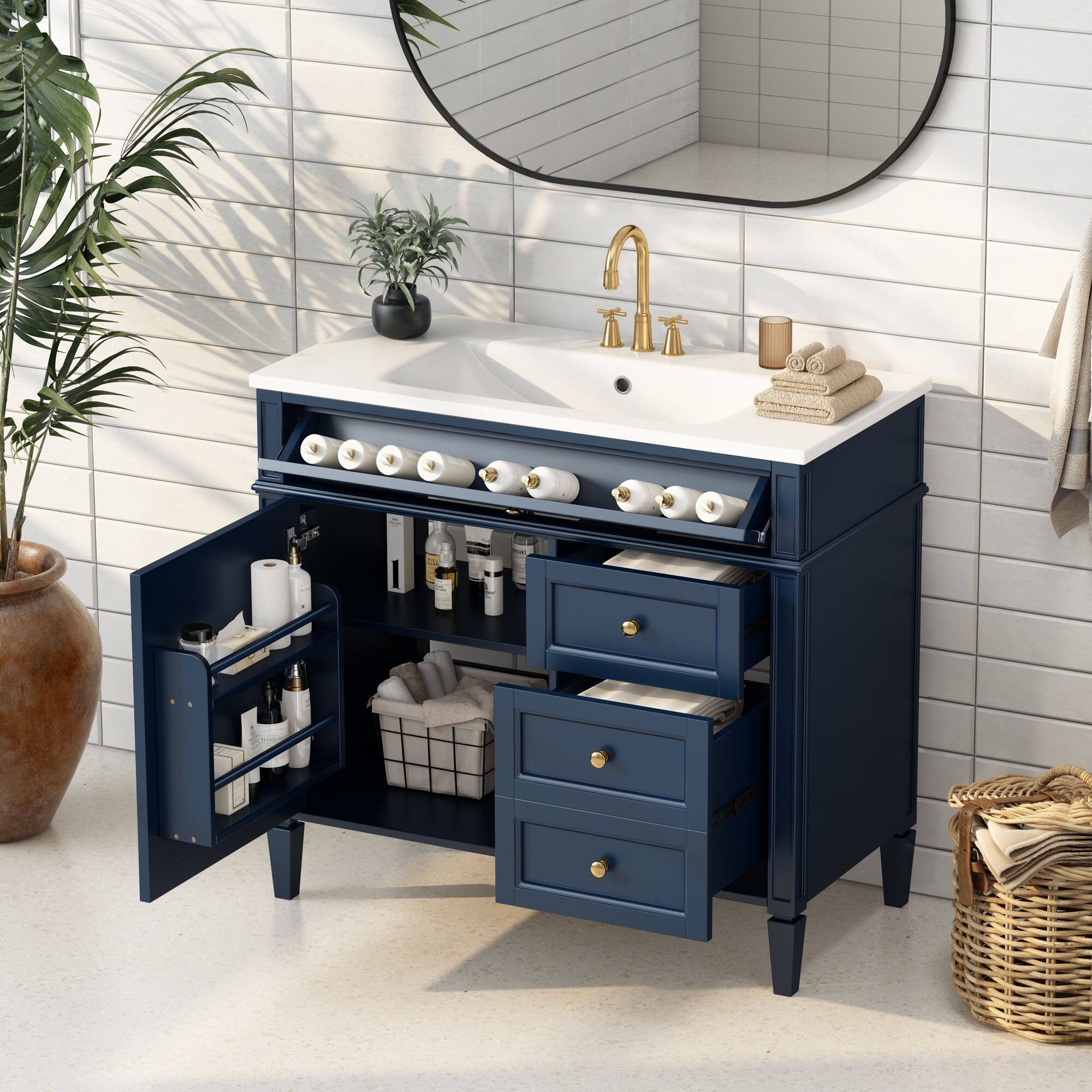Front. Mirfee - 35" x 28" Wall Mounted Bathroom Cabinet with Mirror, Medicine Cabinet, Towel Bar - Grey.