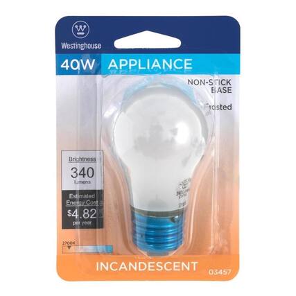 Westinghouse
40W APPLIANCE
NON-STICK BASE
Frosted
Brightness
340 lumens
Estimated Energy Cost
$4.82 per year
2700K
INCANDESCENT
03457