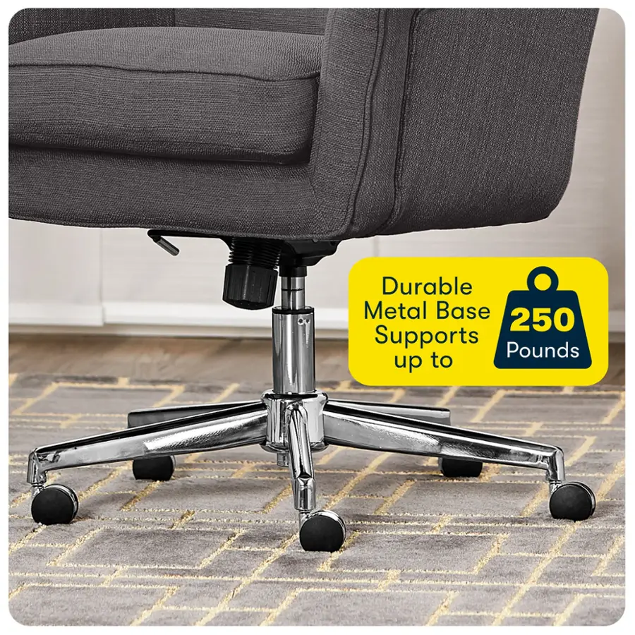 The image features a grey office chair with a metal base that supports up to 250 pounds. The chair is placed on a carpeted floor, and the metal base is visible underneath the chair, providing stability and durability.